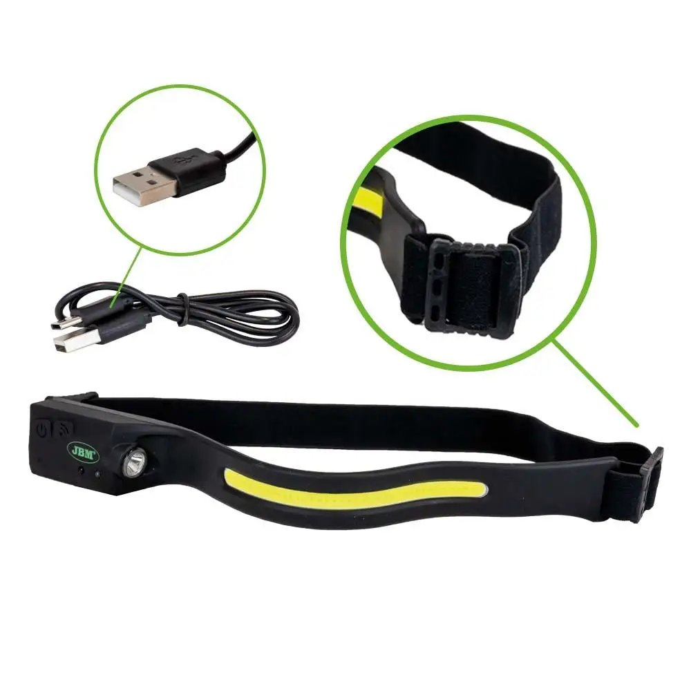 Jbm 54004 portable cob front light. Material: silica gel. Power indicator, induction indicator. Motion sensor activation mode. Usb charging cable included.