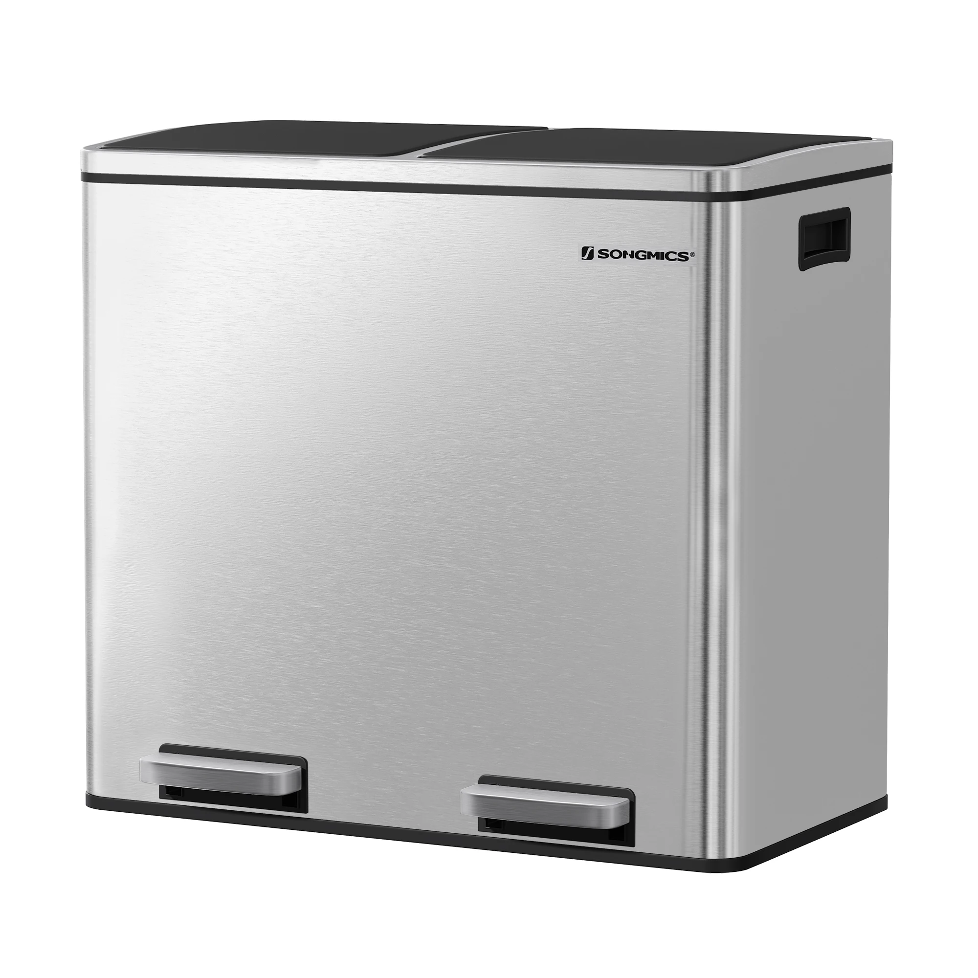 SONGMICS Cubo de basura, sistema de separación de residuos con 2 compartimentos, cubo de basura para cocina, 2 x 24 L, cierre suave, con pedales y asas, color plateado/Nube Blanca