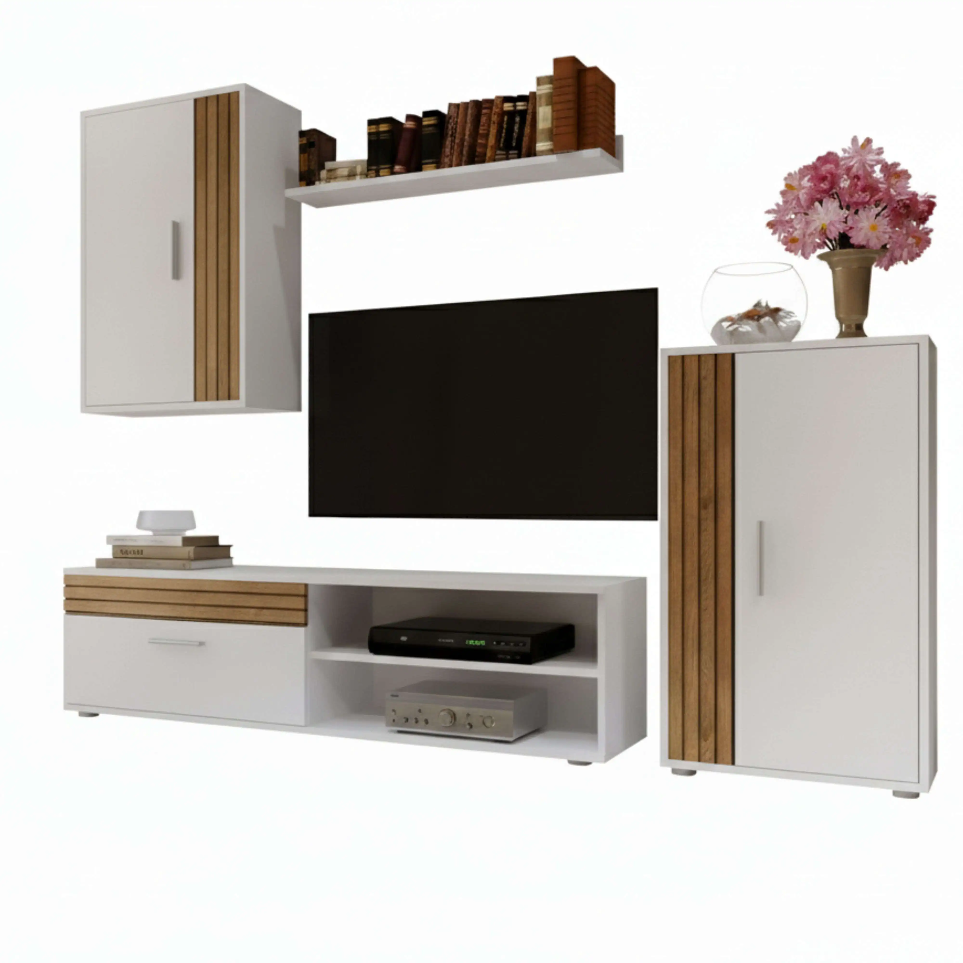Miroytengo Modulos de Salón Comedor Kolm para TV en Blanco/Sonoma, Blanco/Negro, Tablilla/Blanco o Cemento/Blanco con 3 Puertas y 2 Estantes