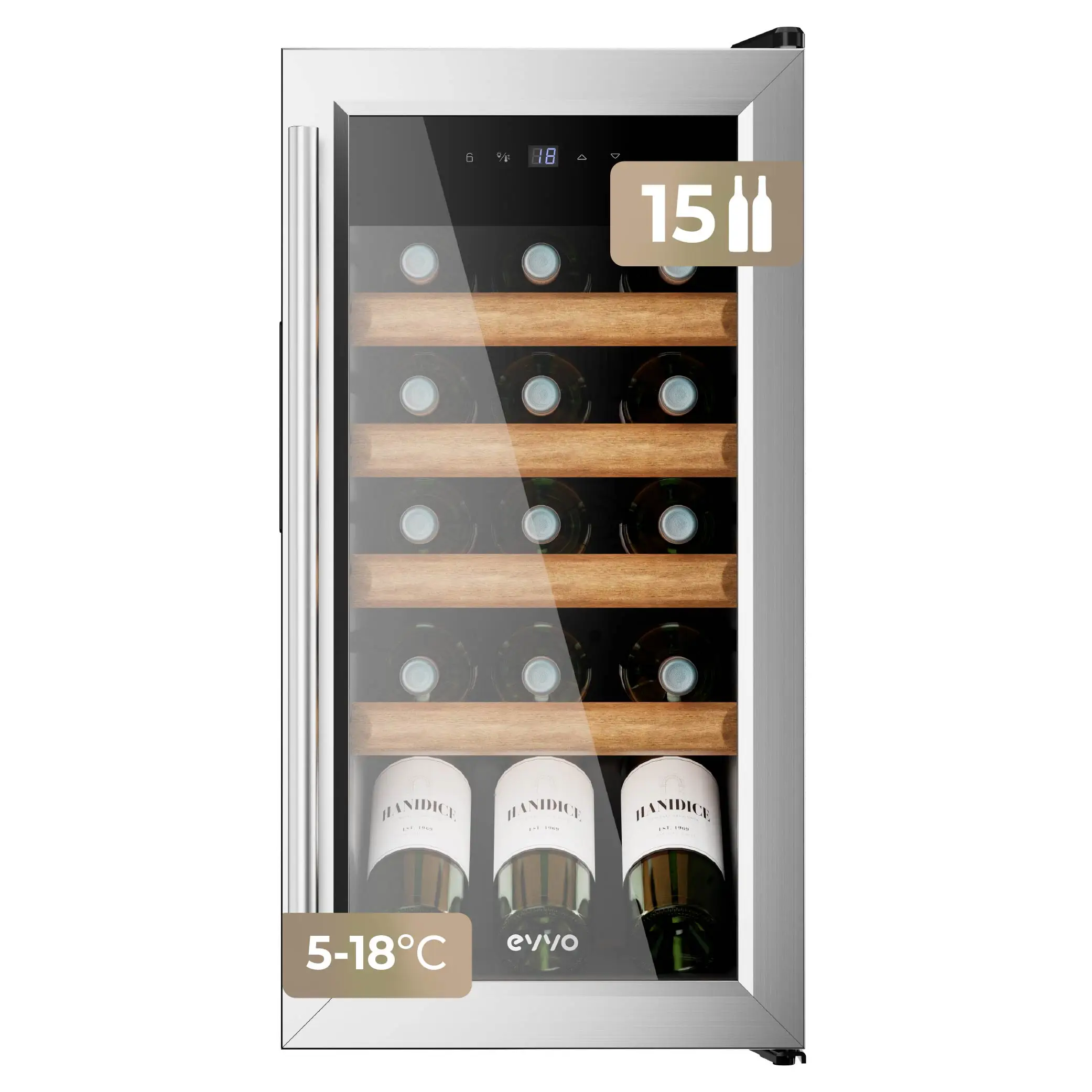 Evvo Vinoteca Para 15 Botellas Vt15 Inox, Compresor De Alto Rendimiento, 5–18ºc Regulable, Silenciosa 41 Db, Panel Táctil, Luz Led Interior Blancos , Leroy Merlin - Imagen 3