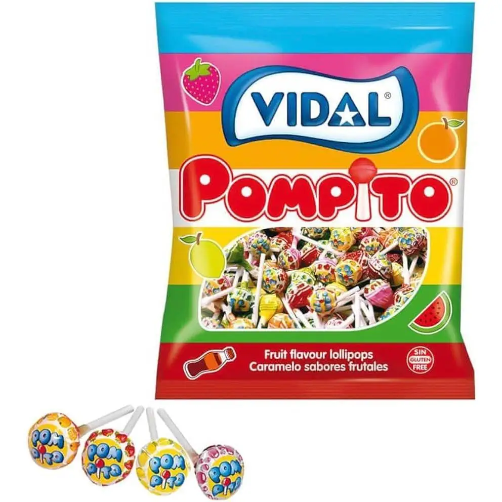 CHUPA CHUPS POMPITOS SABORES SURTIDOS BOLSA 100 UNDS SIN GLUTEN VIDAL