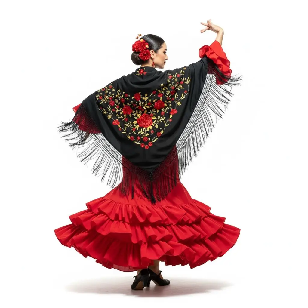Manton Grande de Flamenco de Color Negro con los Bordado Rojo y Dorado