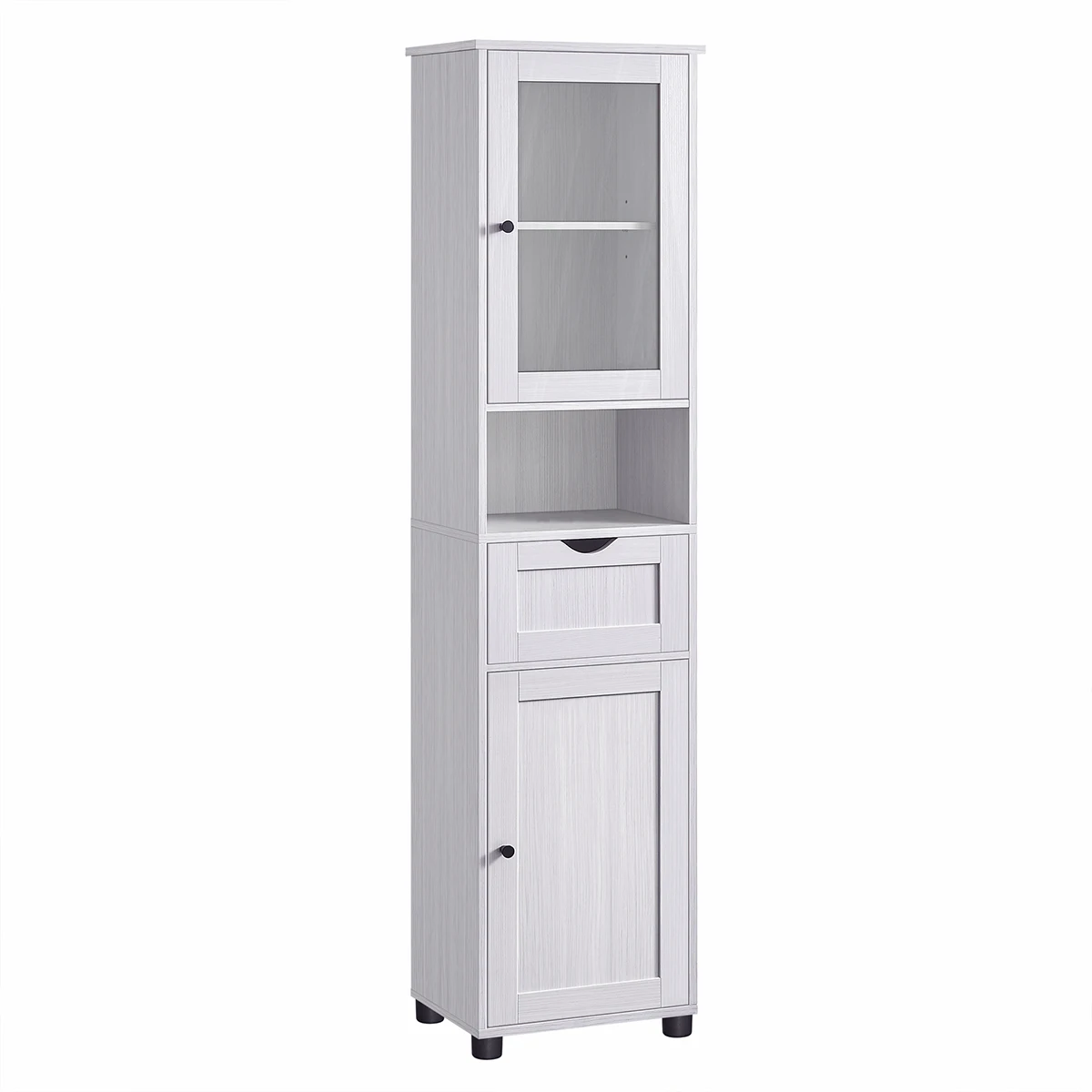 VASAGLE Mueble Baño, Armario Baño, Armario Alto, Compartimento Abierto, Puerta de Cristal, Estrecho, con Patas, Estantes Regulables en Altura, Ahorro 