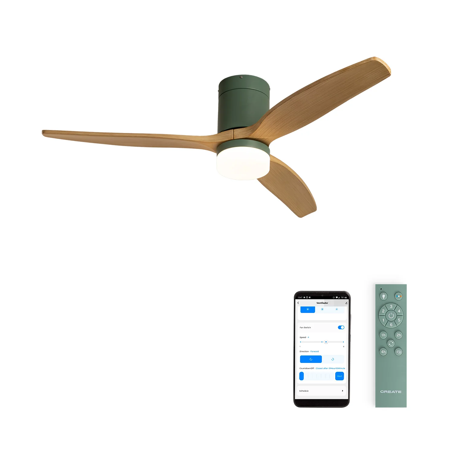 Create - silent 40w ceiling fan with light (ø132 cm), 6 speeds, sage motor color abs blades light wood effect - wind calm
