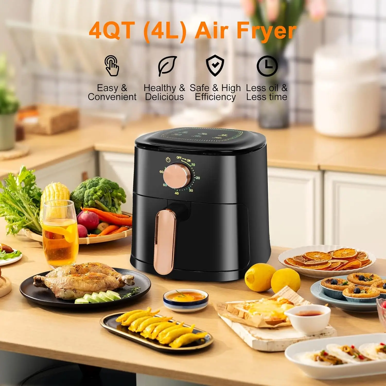 4L Black Air Fryer, Air Fryers Oil Free, with Basket, Easy Cleaning, Simple Knob Controls, Timer, Healthy Kitchen for Families 1 to 4, Matte Body Design