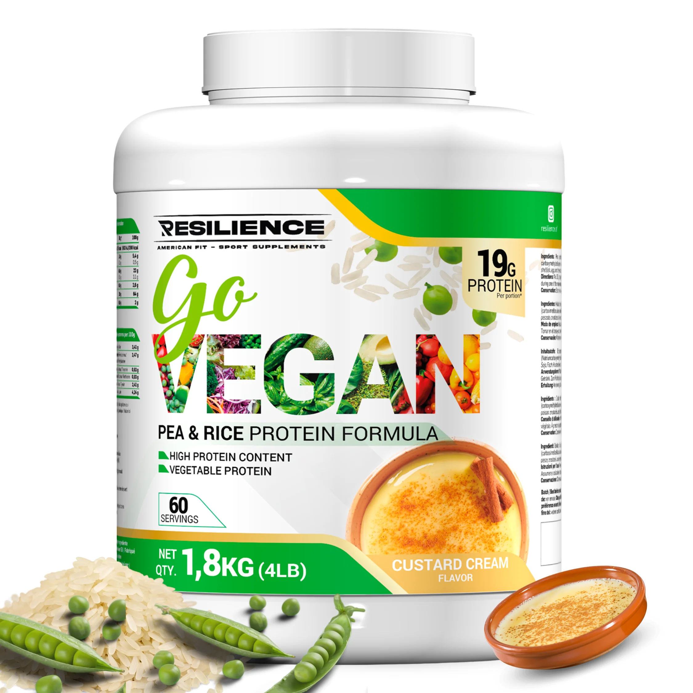 Resilience American Fit S.L Proteína Vegana en Polvo Aislado de Arroz y Guisante con BCAA, Glutamina y Stevia - 1,8 kg
