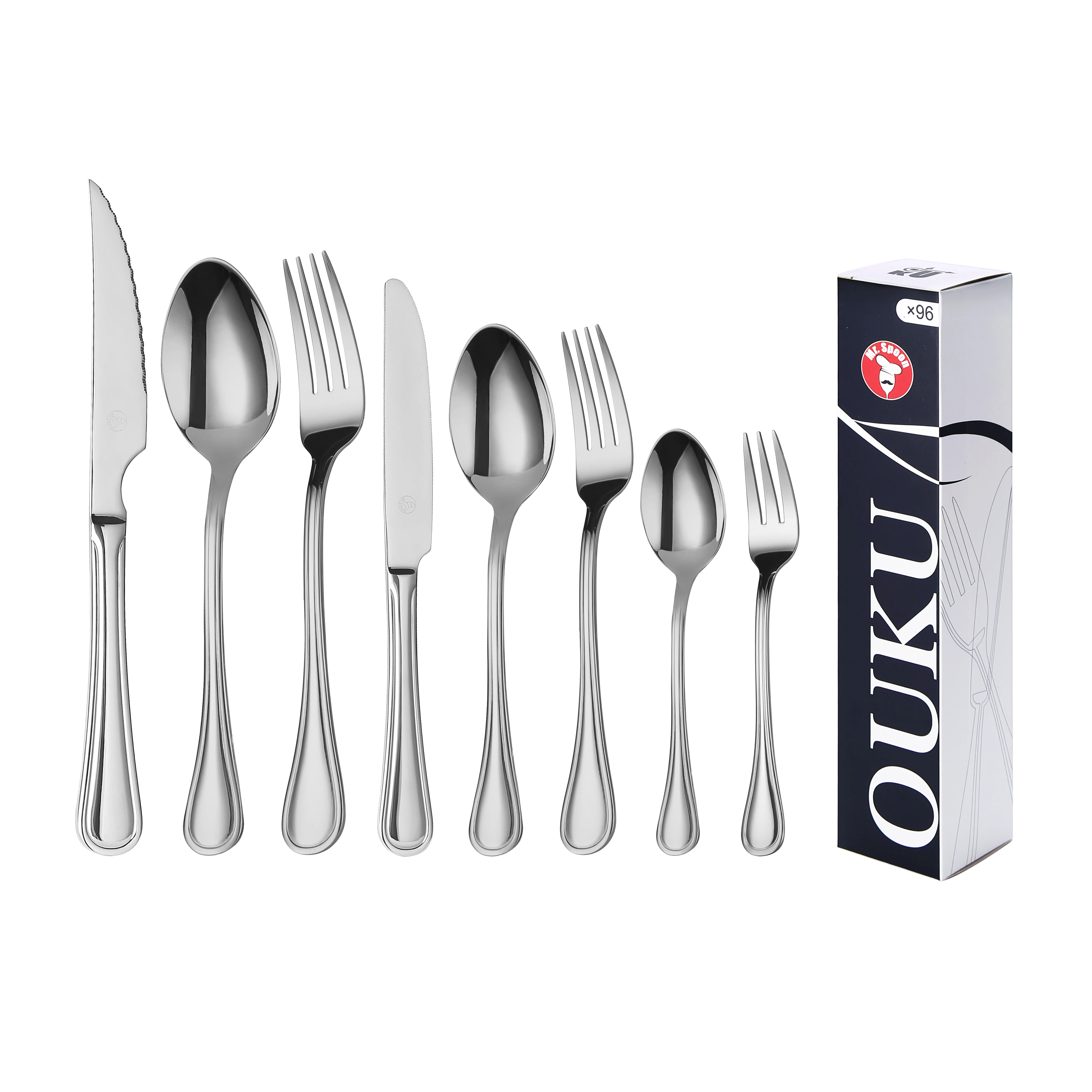 Mr.Spoon Serie Raya Juego 96,108 o120 piezas cubiertos,Acero Inoxidable 18/0,Plateado,Económico y funcional,Incluye cuchillo carne o mesa,tenedor,cuchara,cucharilla,etc. Mango monobloque,Apto para