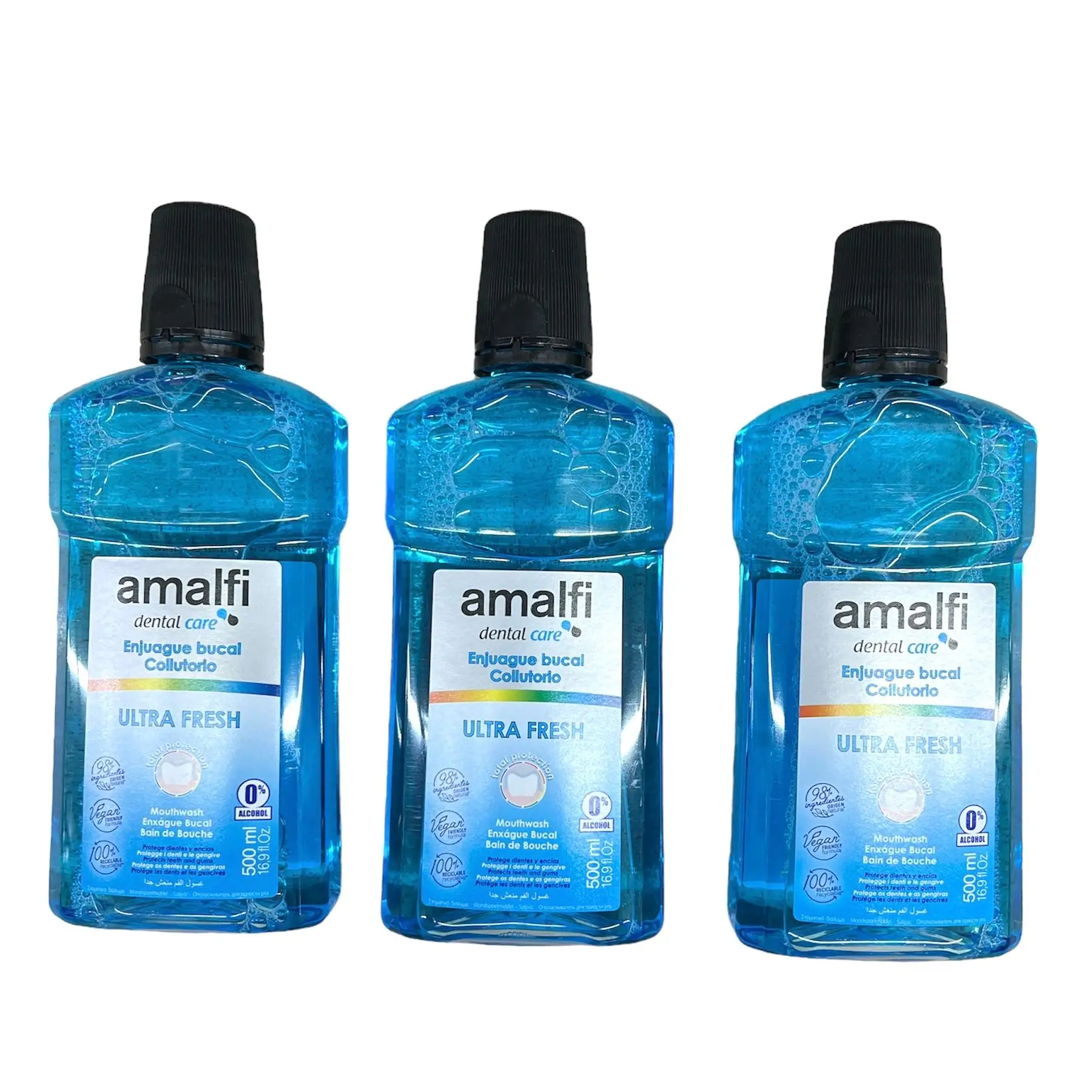 Enjuague Bucal Amalfi 500ml cada botella ULTRA con sabor Fresco, menta y clásico. Dispone en Pack 3 x 500ml= 1500ml