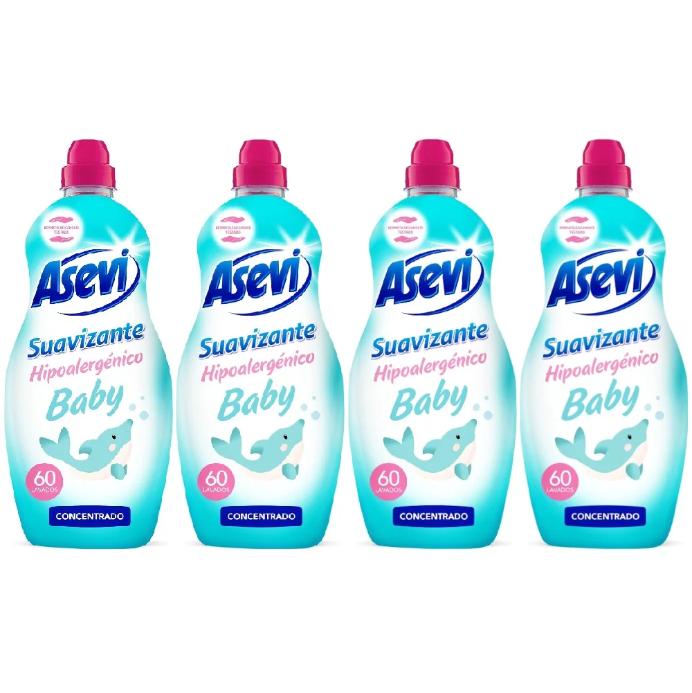 Asevi Suavizante Hipoalergénico Baby 60 Lavados, Pack Ahorro 4x60 Total 240 Dosis, Dermatológicamente Testado, Apto para Pieles Sensibles y Delicadas de los Bebés y Personas con Alergias, Sin Colorantes ni Conservantes, Extra Suavidad