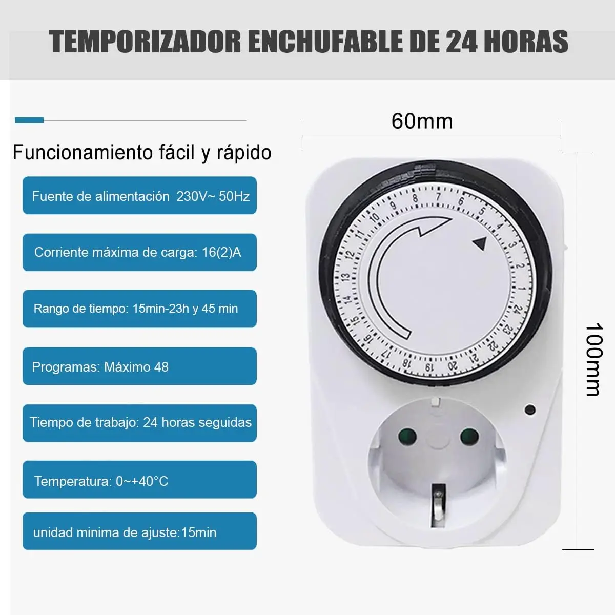 24 hour mechanical timer electrical plug, switching every 15 minutes, ON/Off switch, 230V 16A White, 1/2pcs.WKL Store