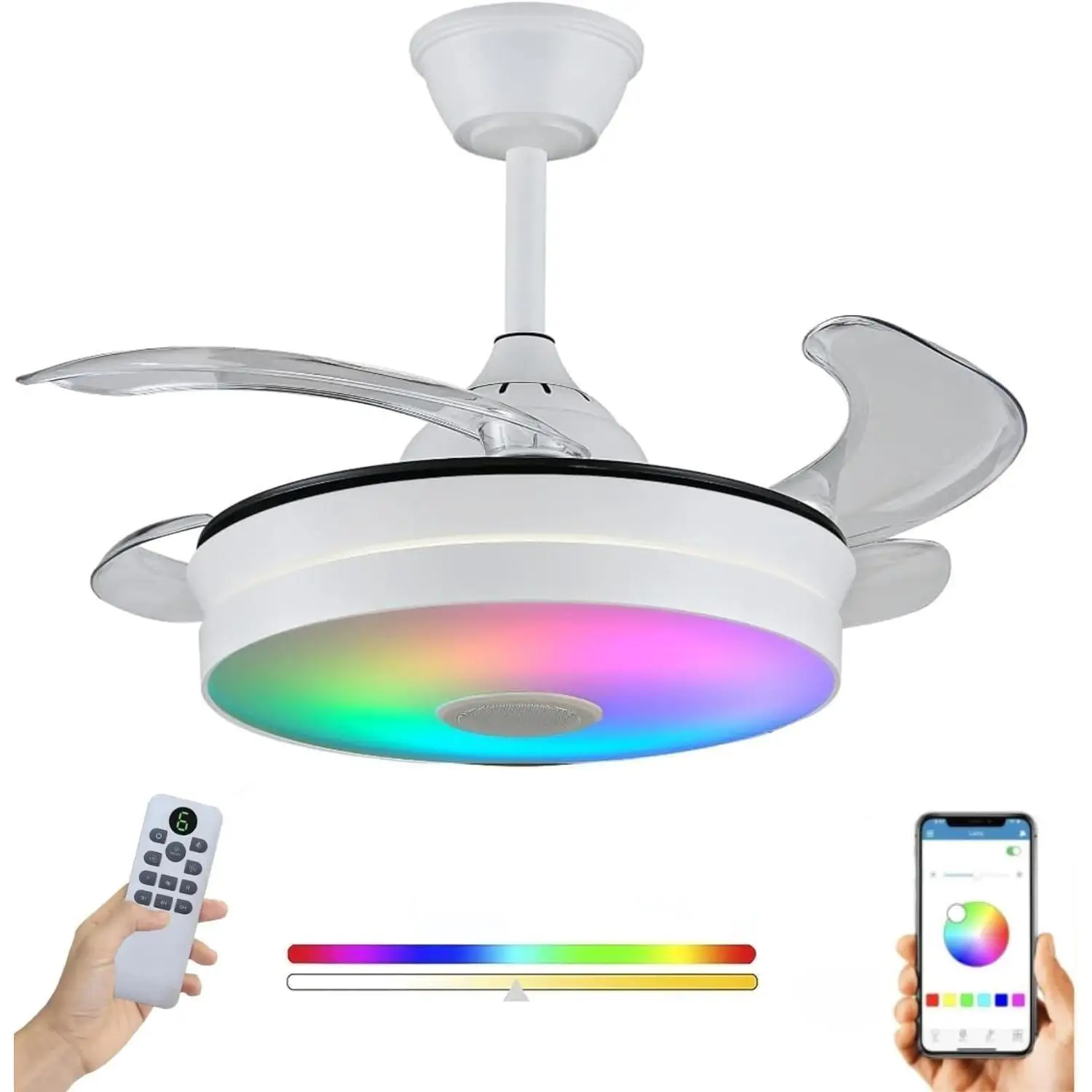 Ventilador de Techo con Luz LED - Aspas Retráctiles, Música y RGB - Silencioso con Bluetooth y APP