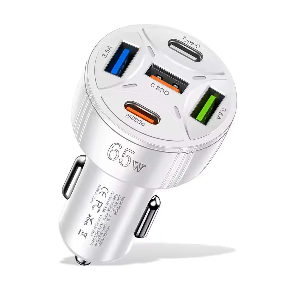 FGNS Cargador Rápido PD de Coche 65W con 3 Puertos USB y 2 Puertos Tipo C para Dispositivos Móviles