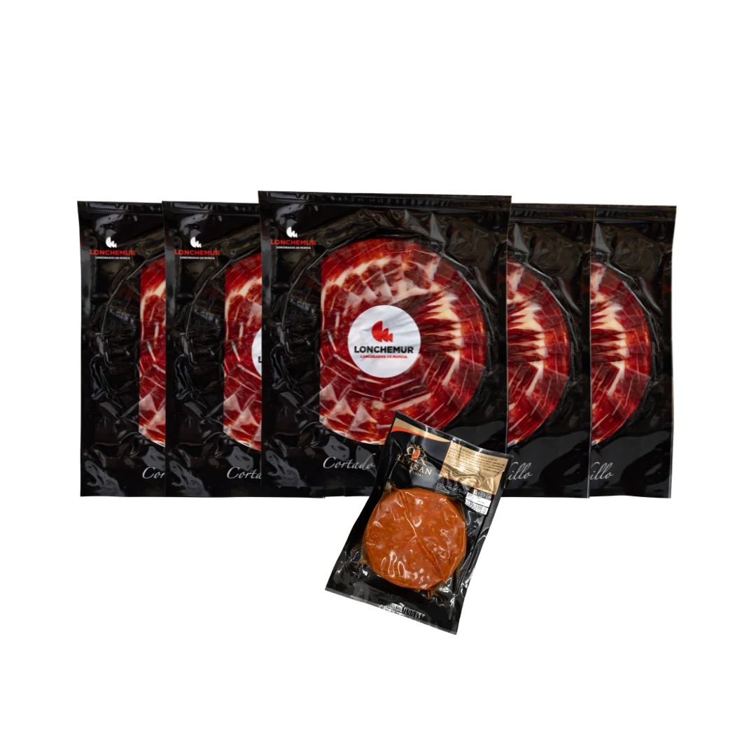 5 Sobres de Jamón Ibérico 100g Corte a Cuchillo + Sobrasada de Regalo - Pack Gourmet LONCHEMUR