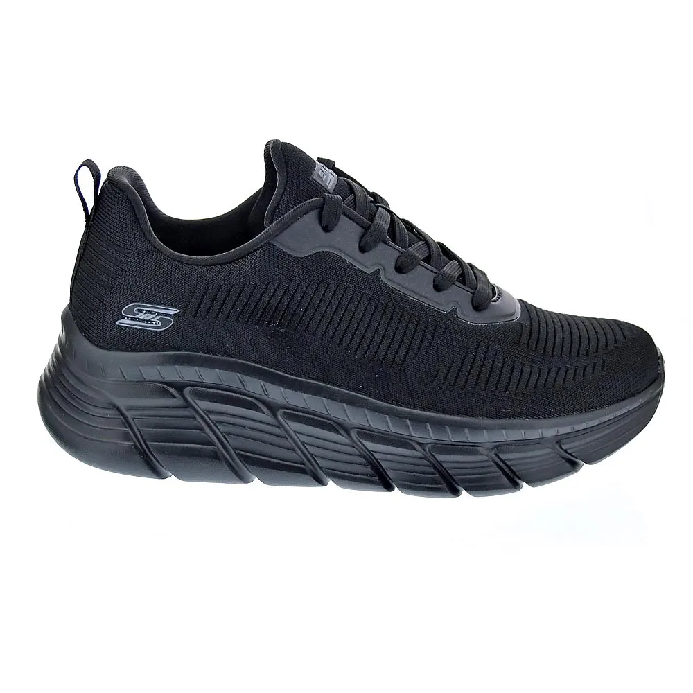 Skechers Women's Bobs Sport Sneakers 117385 BBK in Black, comfortable and stylish vegan shoes featuring Memory Foam technology, ideal for everyday wear or workouts with a modern platform design.