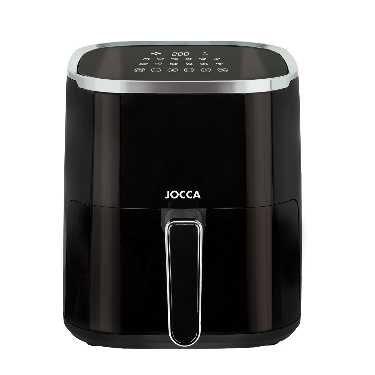 Freidora de aire digital Jocca 5L blanca o negra con 12 programas automáticos, pantalla LED táctil, temperatura 80-200°C, temporizador 1-60min, apagado automático y potencia de 1450W. Incluye rejilla