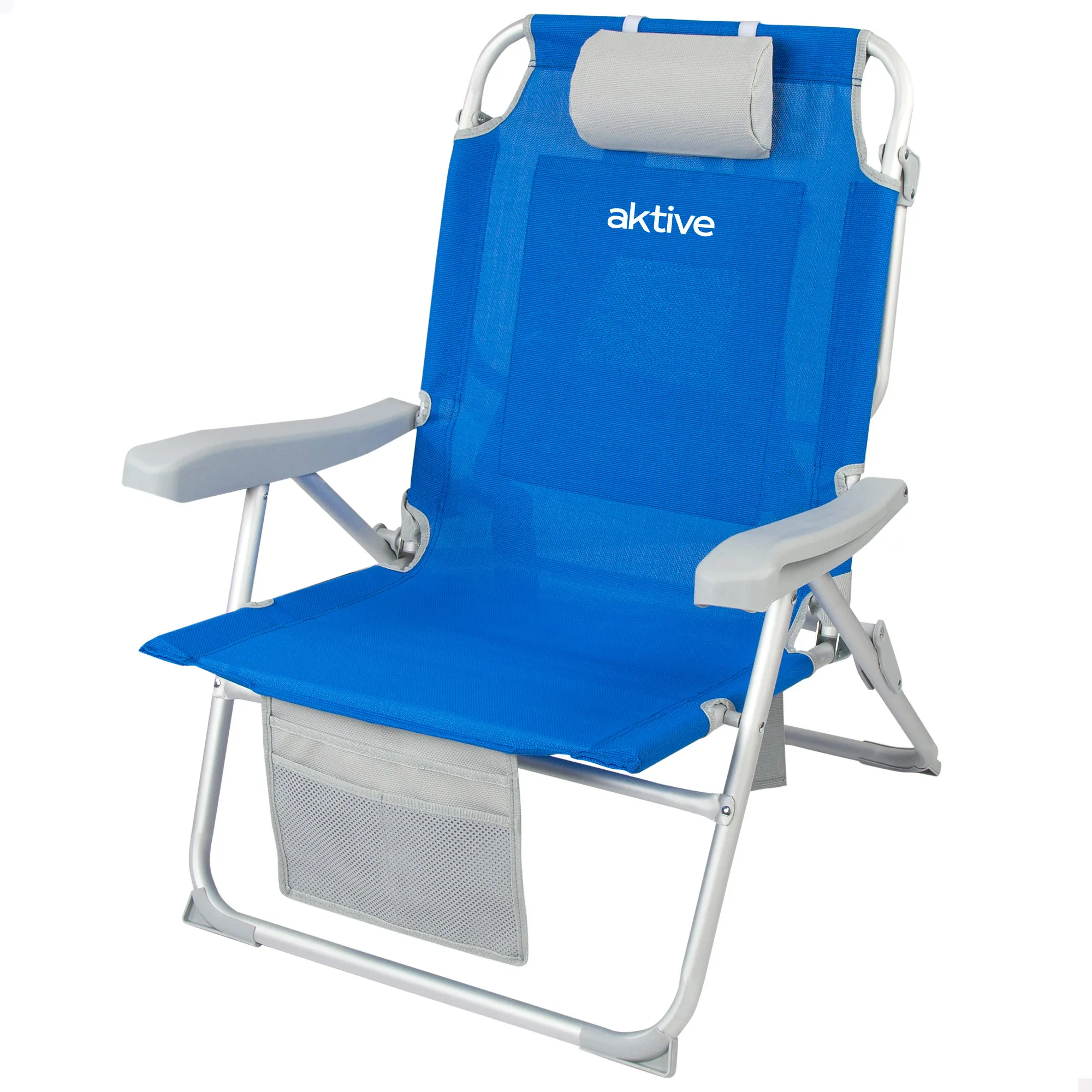 Aktive - Silla de playa plegable XXL con respaldo reclinable 5 posiciones, 55x66x86 cm, de aluminio y textileno, con mochila, bolsa, cojín, bolsillo frontal y topes antivuelco, máx. 110 kg, sillas de
