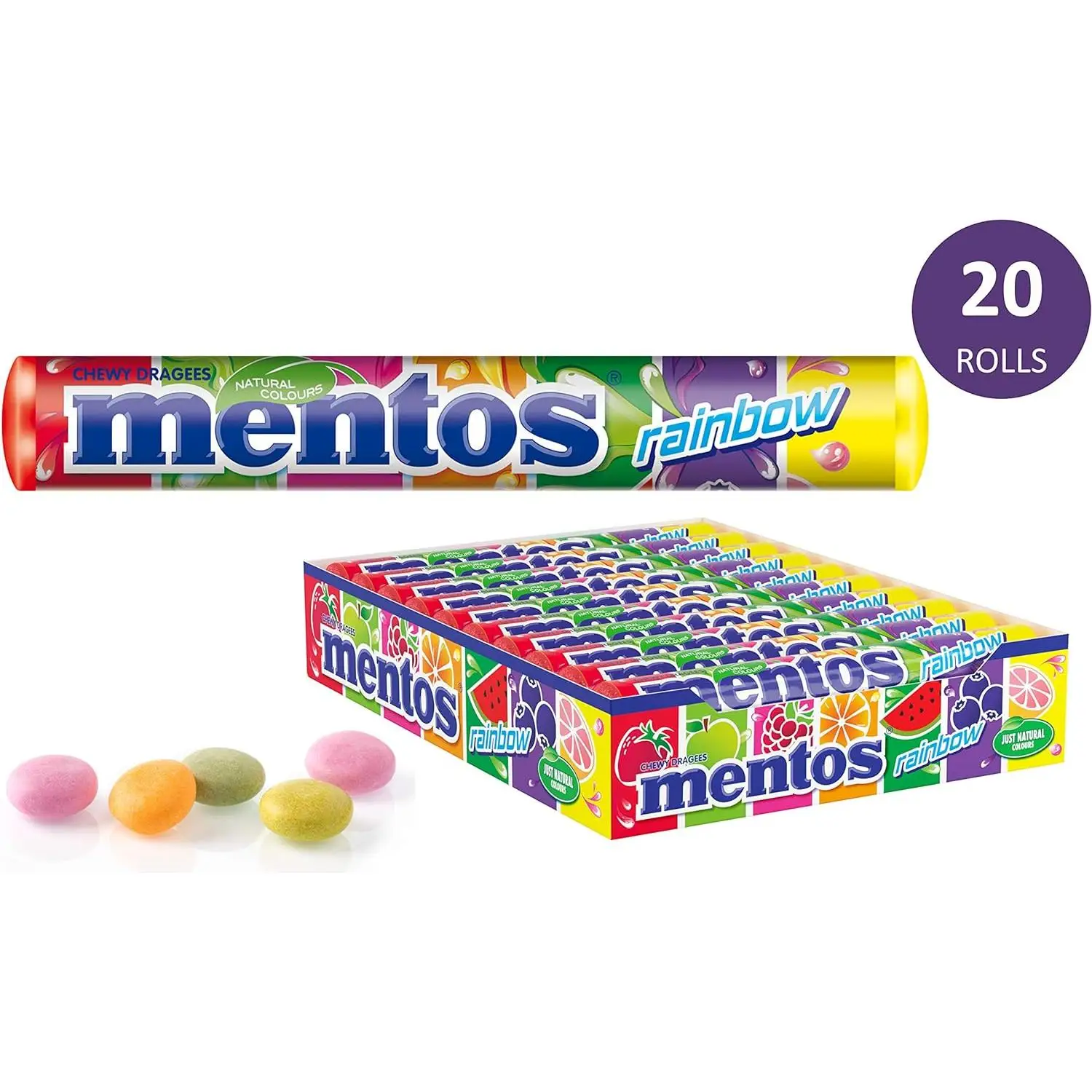 Mentos Rainbow, Caramelo Masticable con Zumo de Frutas - 20 unidades de 37.5 gr (Total 750 gr)