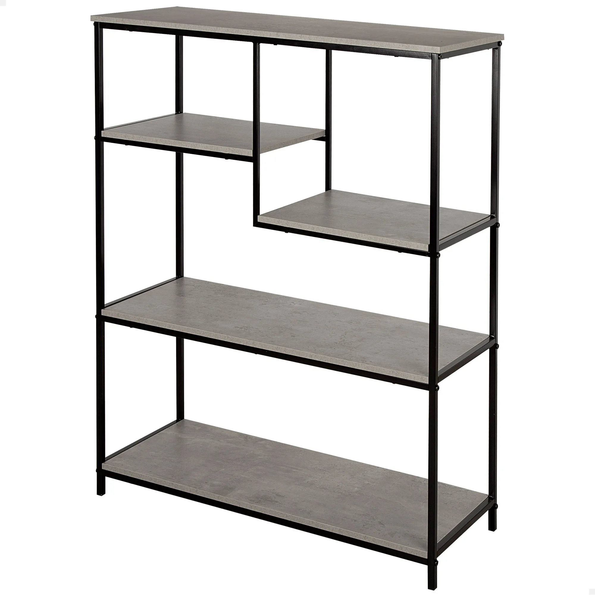 Max Home - Estantería asimétrica fija, efecto cemento, almacenaje inteligente, 5 estantes desiguales, 75x30x100 cm, acero y MDF resistentes, muebles de salón, estanterías decorativas, decoración