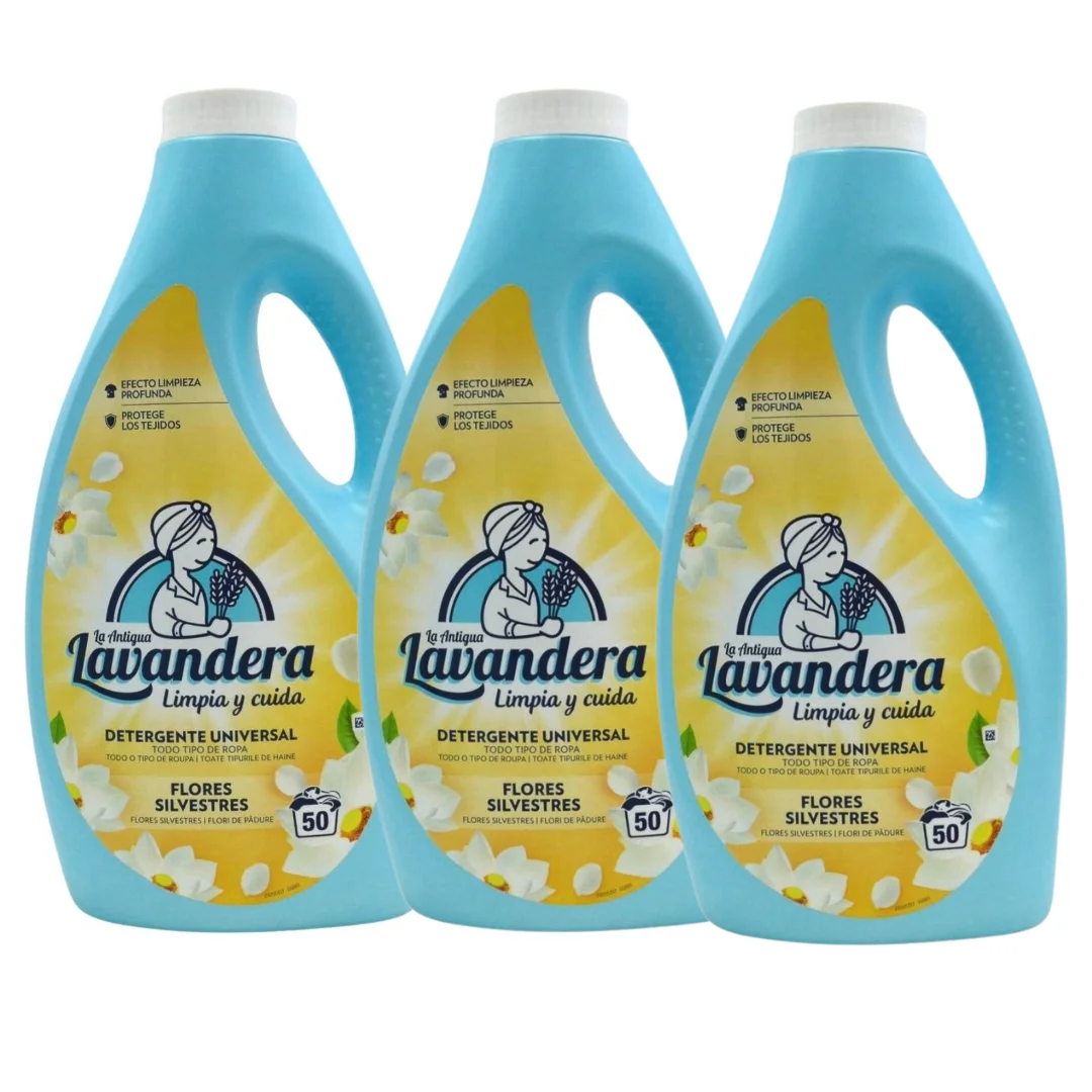 PACK 3 UD AHORRO TOTAL LA ANTIGUA LAVANDERA Detergente Líquido Universal 50 lavados lava todo tipo de ropa deja un aroma a flores silvestres agradable y duradero. Además protege los tejidos y tiene un efecto de limpieza profunda. ROPA BLANCA Y COLOR