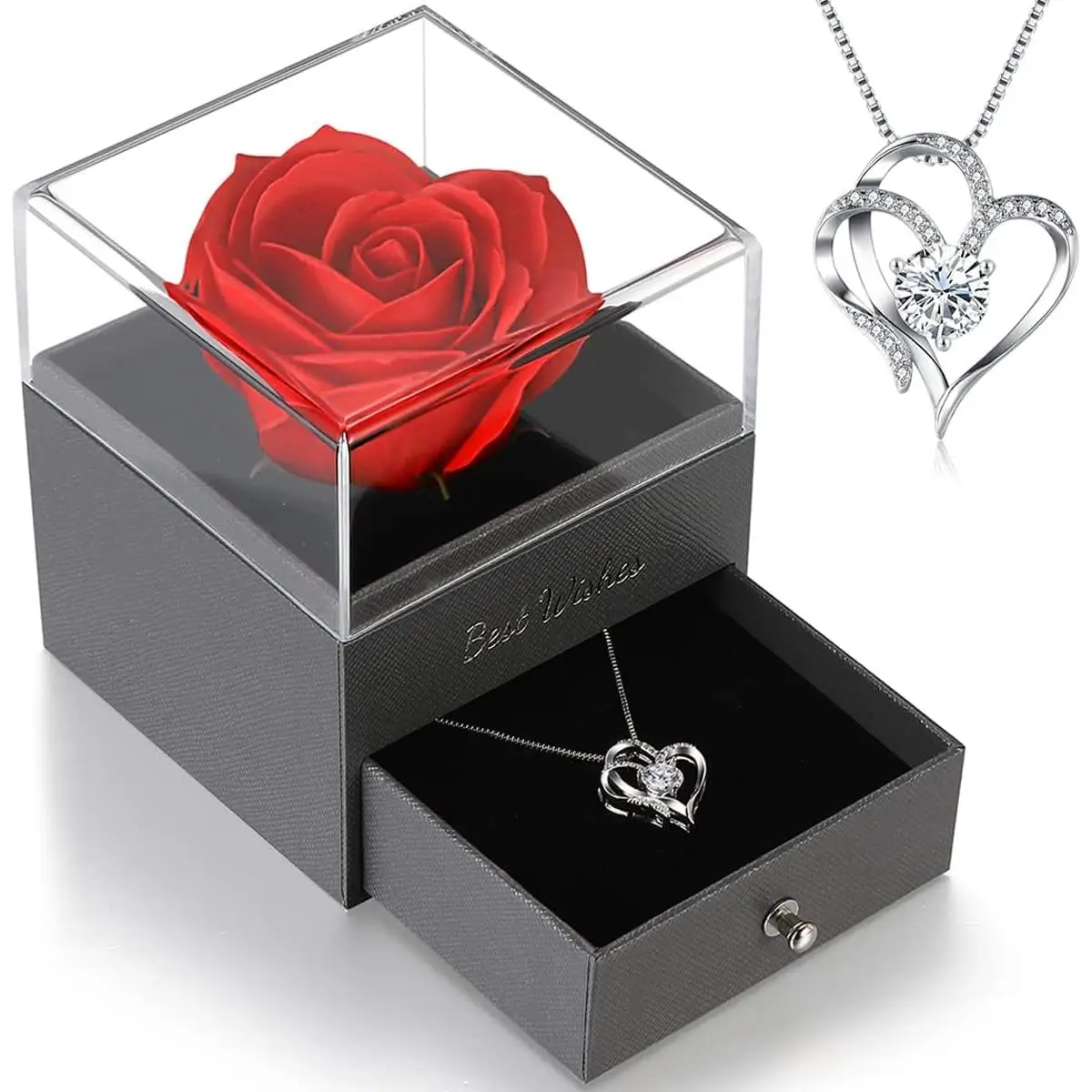 Collar de Corazón en caja con rosa roja preservada, regalo ideal para San Valentín, Cumpleaños, etc.
