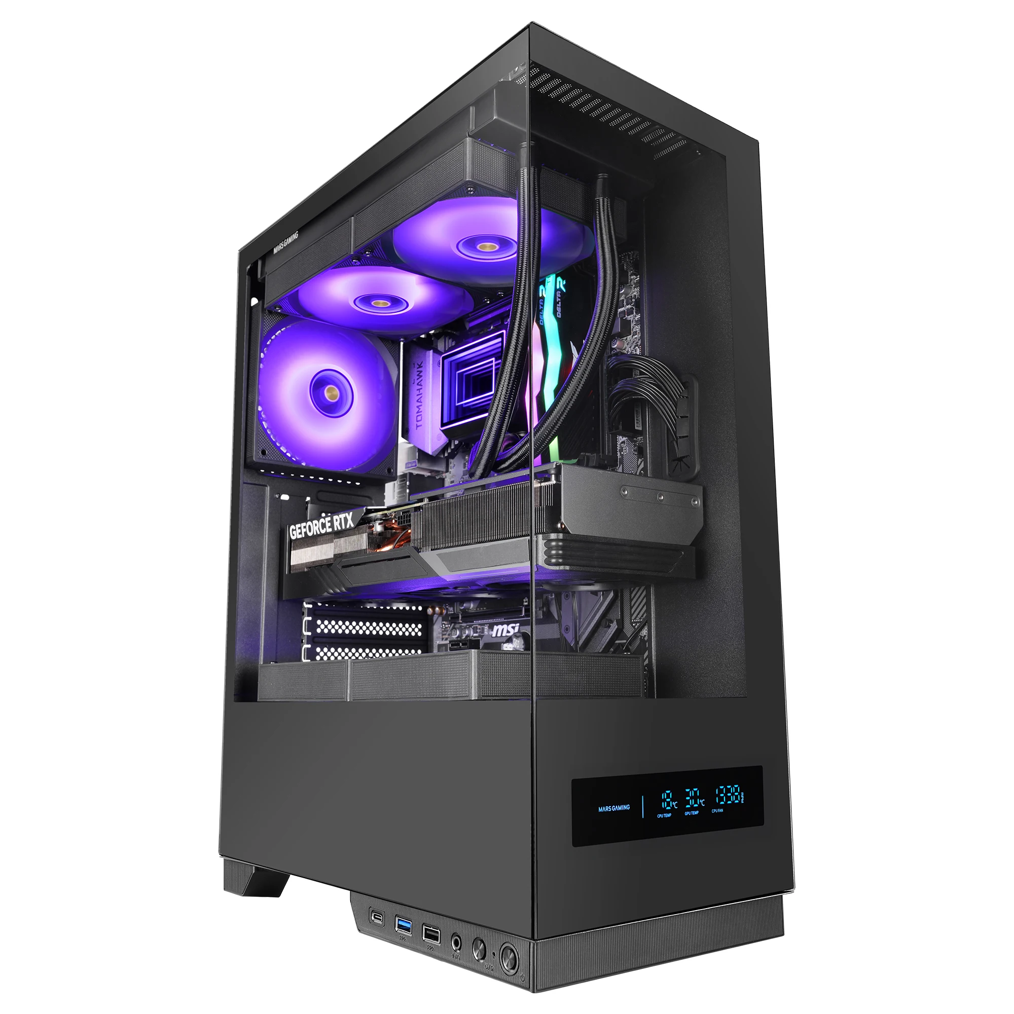 Mars Gaming MC-PULSAR, Caja Gaming ATX, Pantalla LCD Frontal en Tiempo Real, Doble Cristal Templado Frontal y Lateral, Sistema de Cableado CABLEHATCH, Refrigeración Líquida hasta 240mm, Caja PC ATX