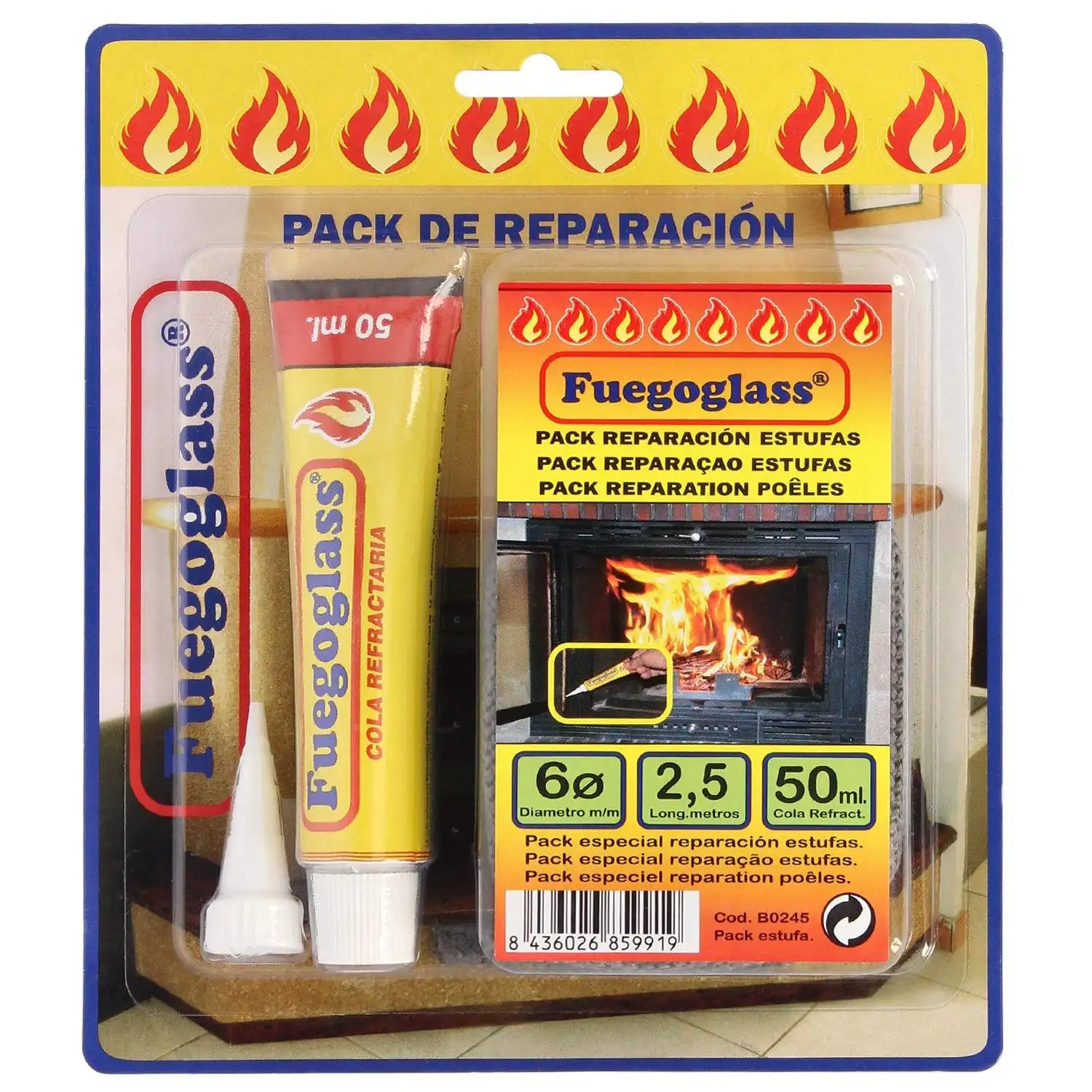 WOLFPACK LINEA PROFESIONAL Kit Reparacion Estufas/Chimeneas, Cola Refractaria y Cordon Fibra Vidrio 6 Mm. X 2,5 M. - Reparación Completa Sellado - Mejora Estanqueidad - Fácil Instalación