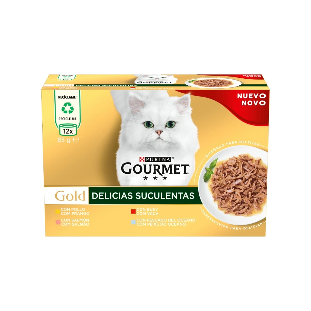 GOURMET Gold Delicias Suculentas Pack Surtido - Alimento Húmedo Completo para Gatos Adultos de Cortes Jugosos en Salsa (Pollo, Buey, Salmón, Pescado del Océano)