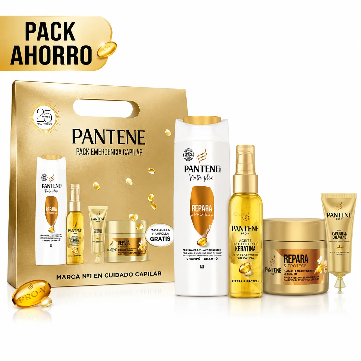 Pantene - Pack completo Repara & Protege con tecnología Pro-V y keratina: champú, mascarilla reconstructora, aceite protector y ampolla intensiva para recuperar brillo y fuerza del cabello