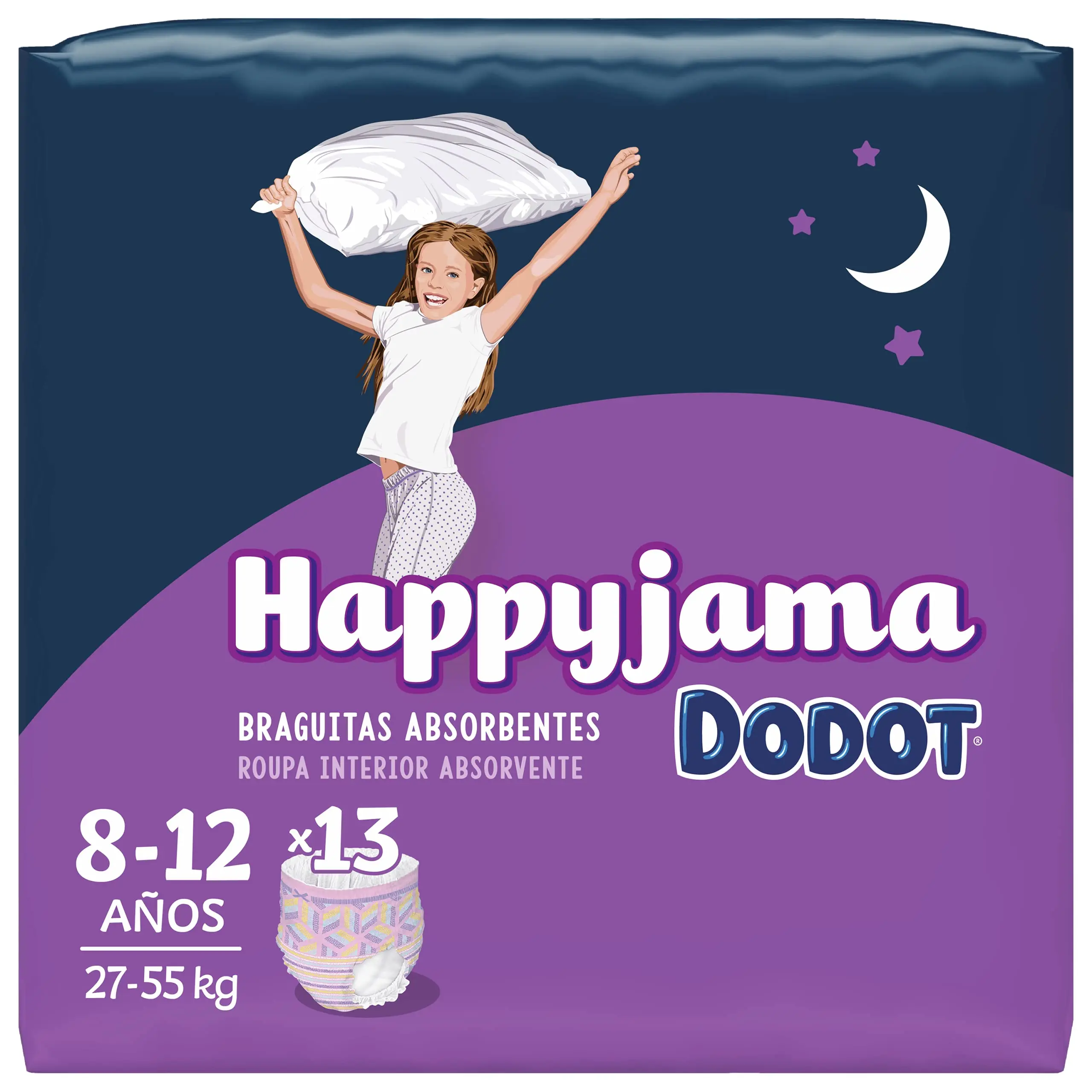 Dodot HappyJama - Pañales Niña 8 - 12 Años, 13 Unidades, 27 - 55 kg, Protección antifugas Durante La Noche