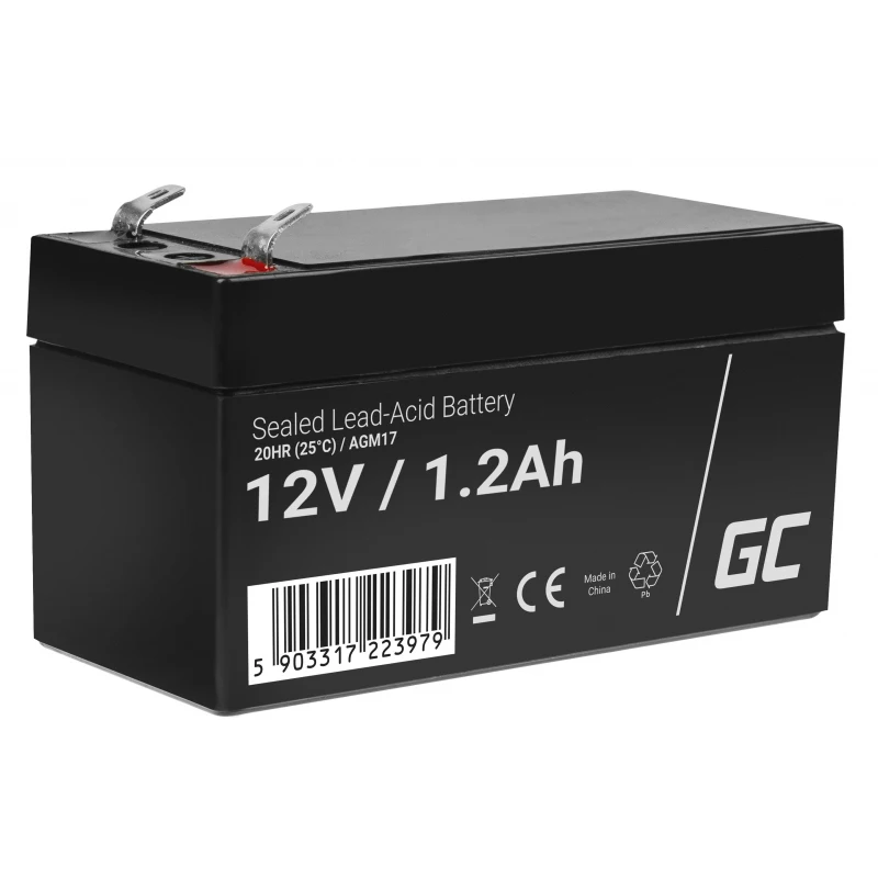 Green Cell 12V VRLA AGM Battery 1.2Ah (4.6mm) with reliable performance, maintenance-free design, and anti-spill features for various applications including car, motorcycle, and scooter use.
