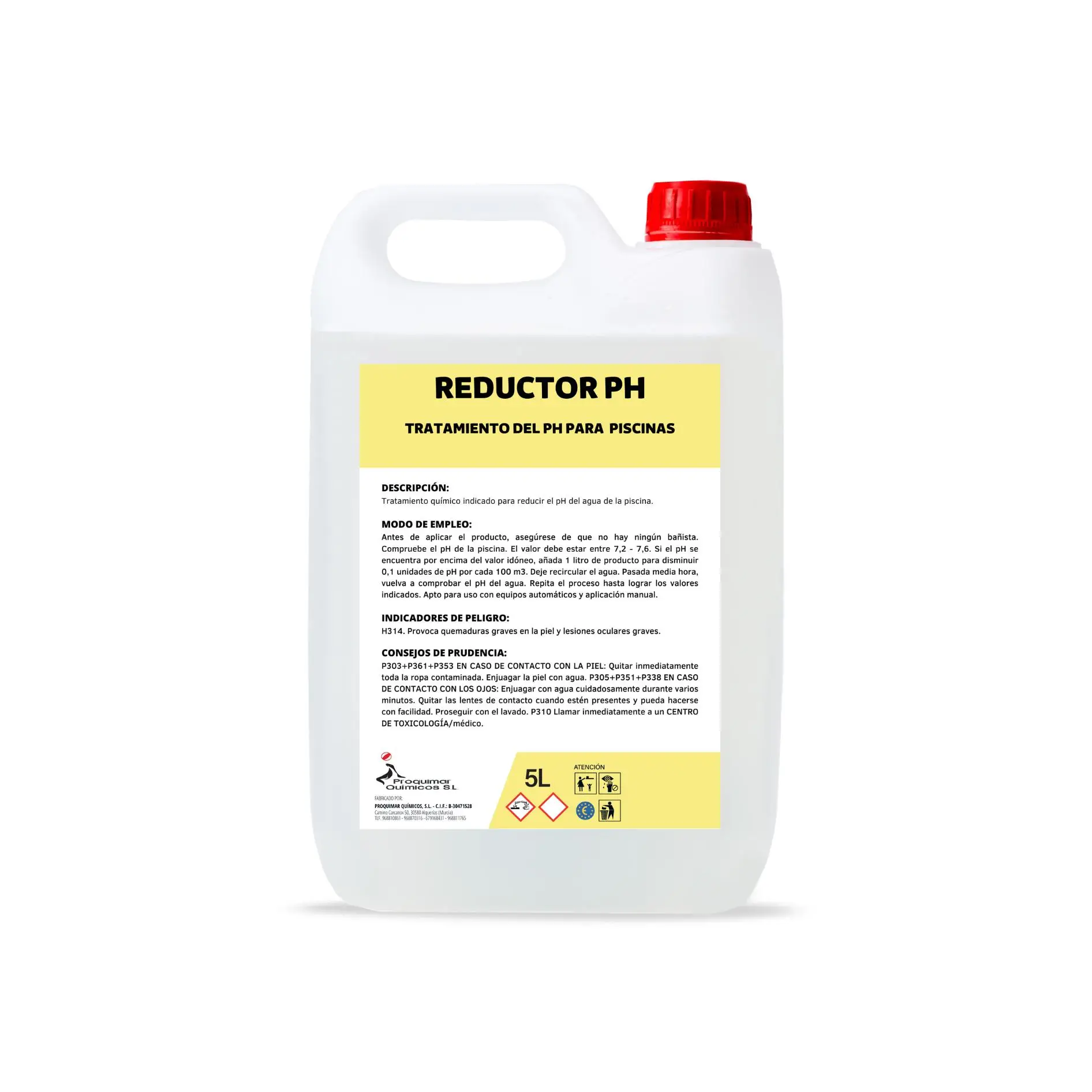 REDUCTOR DEL PH. Formato líquido. Apto para uso en piscinas. Garrafa de 5 litros