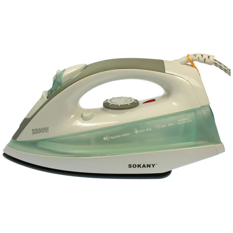 Sokany DY-186 Steam Iron 2200W with Ceramic Soleplate, featuring adjustable steam, self-cleaning function, and anti-drip protection for efficient dry or steam ironing. Perfect for all your garment care needs.