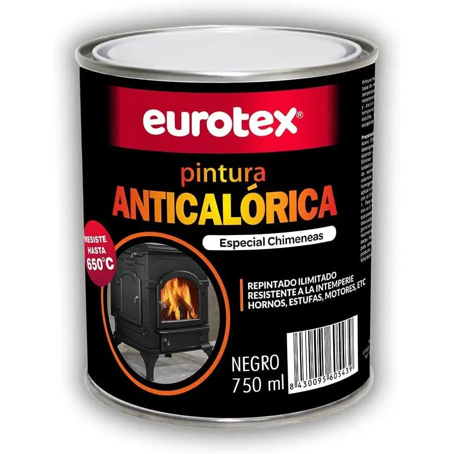 Pintura anticalórica negra mate para altas temperaturas de hasta 650º, Especial para estufas, chimeneas, hornos, barbacoas, aluminio - Negro, 750 ml.