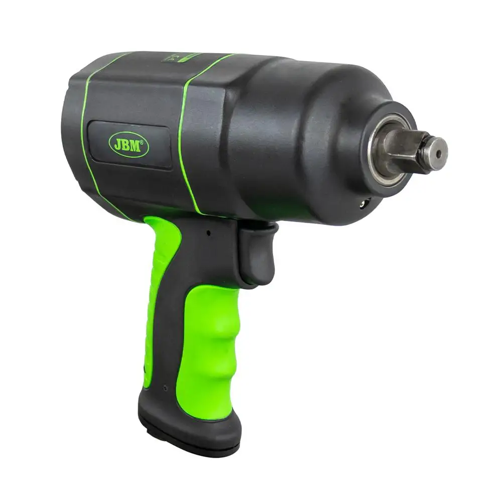 JBM 53608 1/2 1200NM Impact Gun. Double hammer mechanism. 4 speeds. 7500RPM 1200NM 90 PSI 185mm long 107dBA 6,5 cfm (183,9 l/min). Light weight: 2kg. Ergonomic grip.