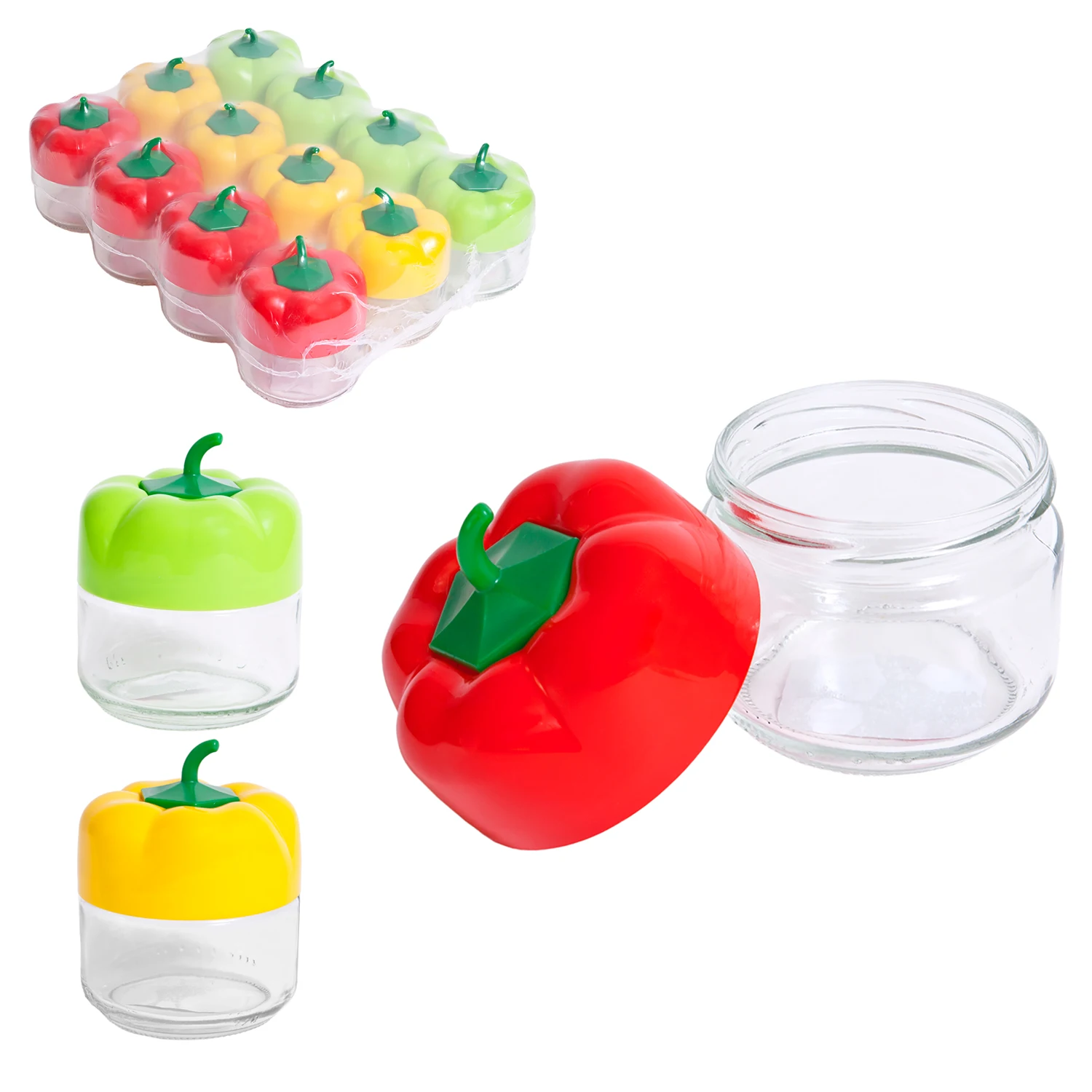 CM-glass jar with paprika-shaped lid. Pack 6 or 12 units. Assorted colors. Available to choose in 5 different sizes. Glass jars for kitchen, store food, cereal, vegetables, Pasta, broth. Food pot