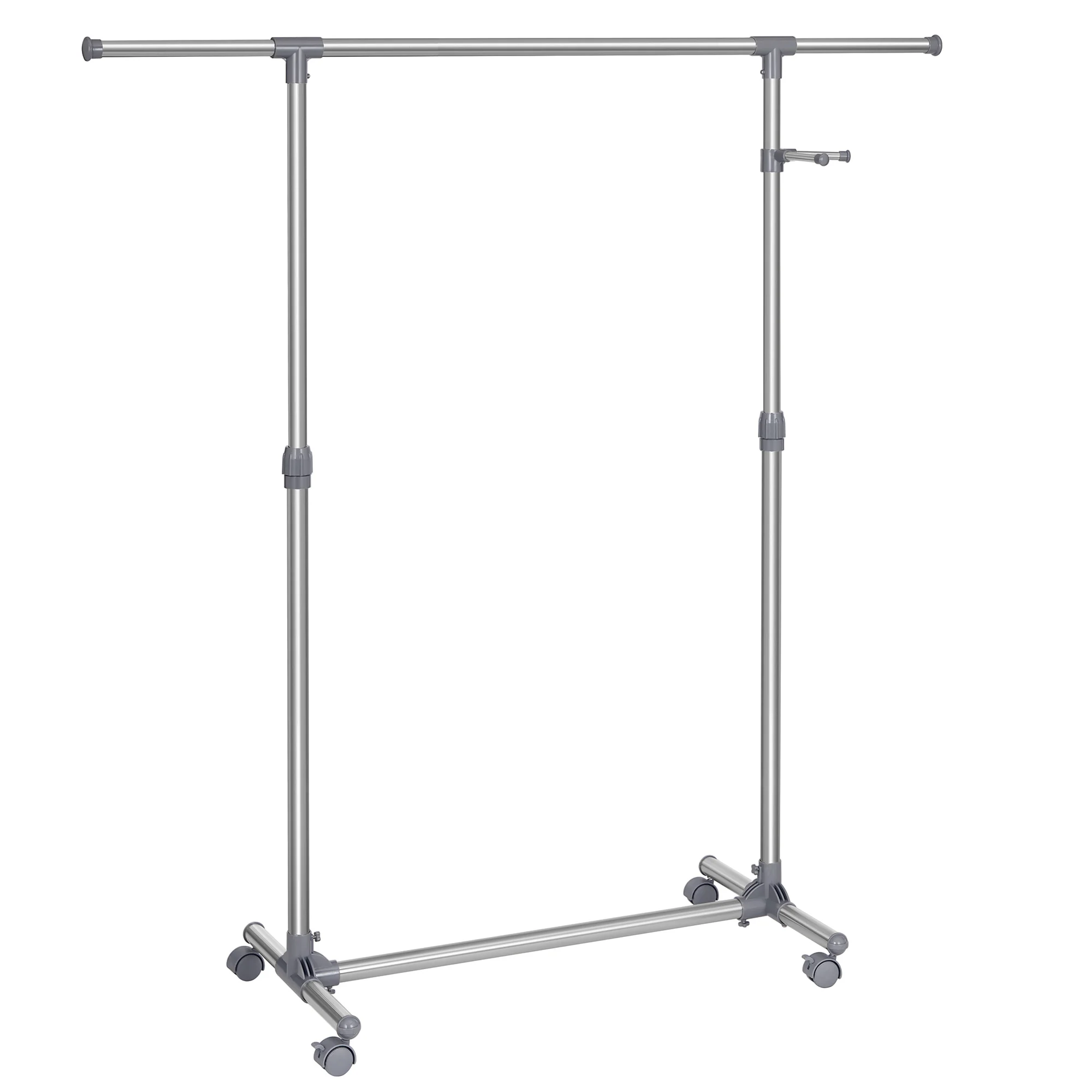 SONGMICS Perchero Ajustable, Perchero para Ropa Rodante, Tubo Revestido de Acero Inoxidable, con Rieles Colgantes Extensibles, Barra de Accesorios, Color Plata y Verde Salvia