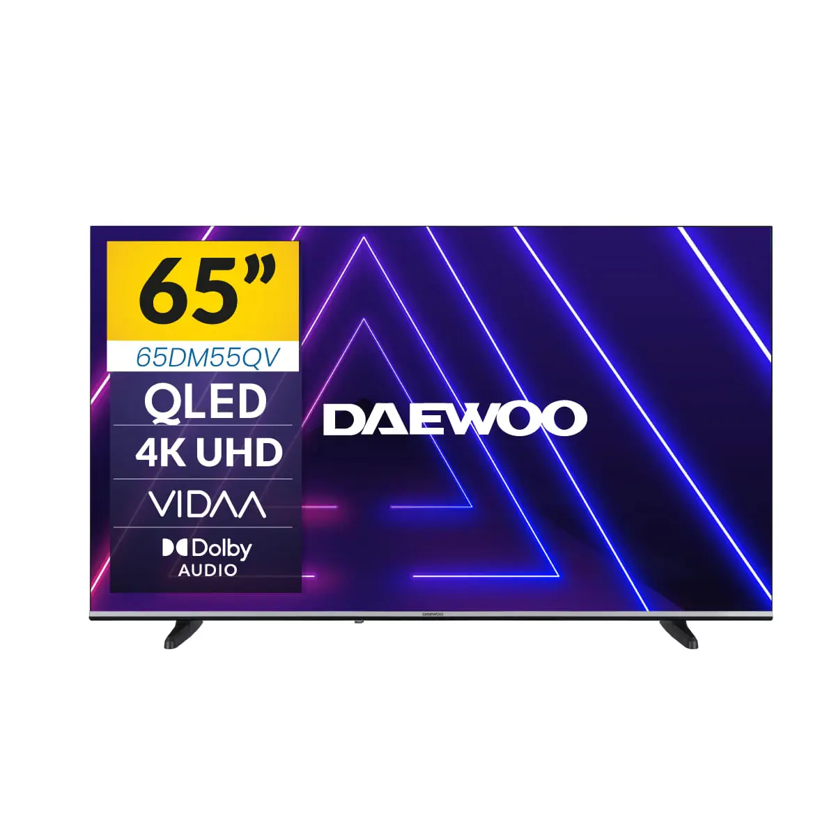 Immerse yourself with the Daewoo 65DM55QV 65" 4K HDR QLED Smart TV, featuring a stunning QLED panel, Dolby Audio, Quad Core processor, and VIDAA system for seamless access to apps like Netflix and YouTube, with built-in WiFi for ultimate connectivity.