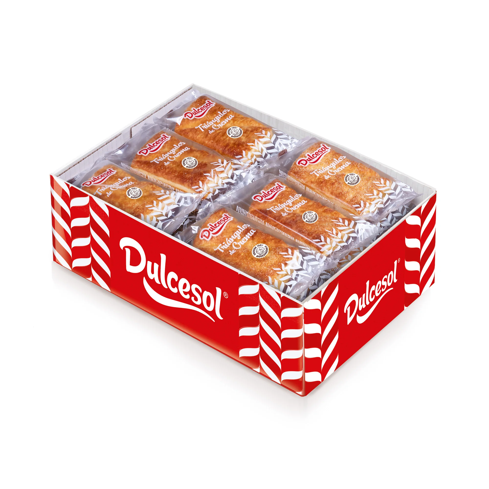 Dulcesol Triángulos de hojaldre rellenos de crema o cabello de ángel. Envasados de dos en dos. La caja contiene 2.2kg. Producto de pastelería y repostería.