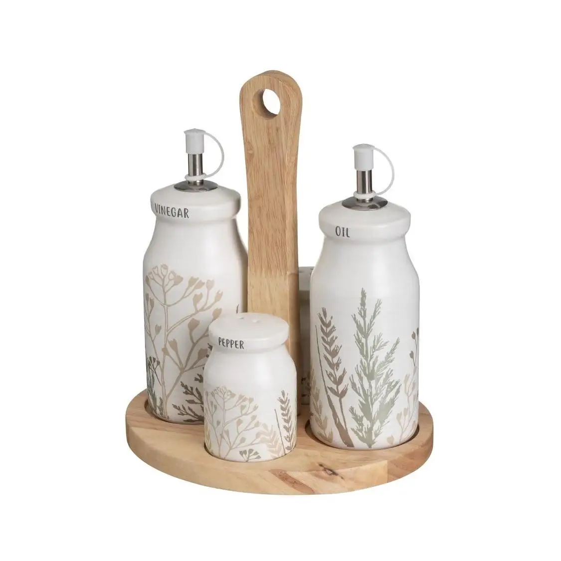 Dcasa oil and cruet set with salt and pepper shaker in stoneware ceramic stand white and beige