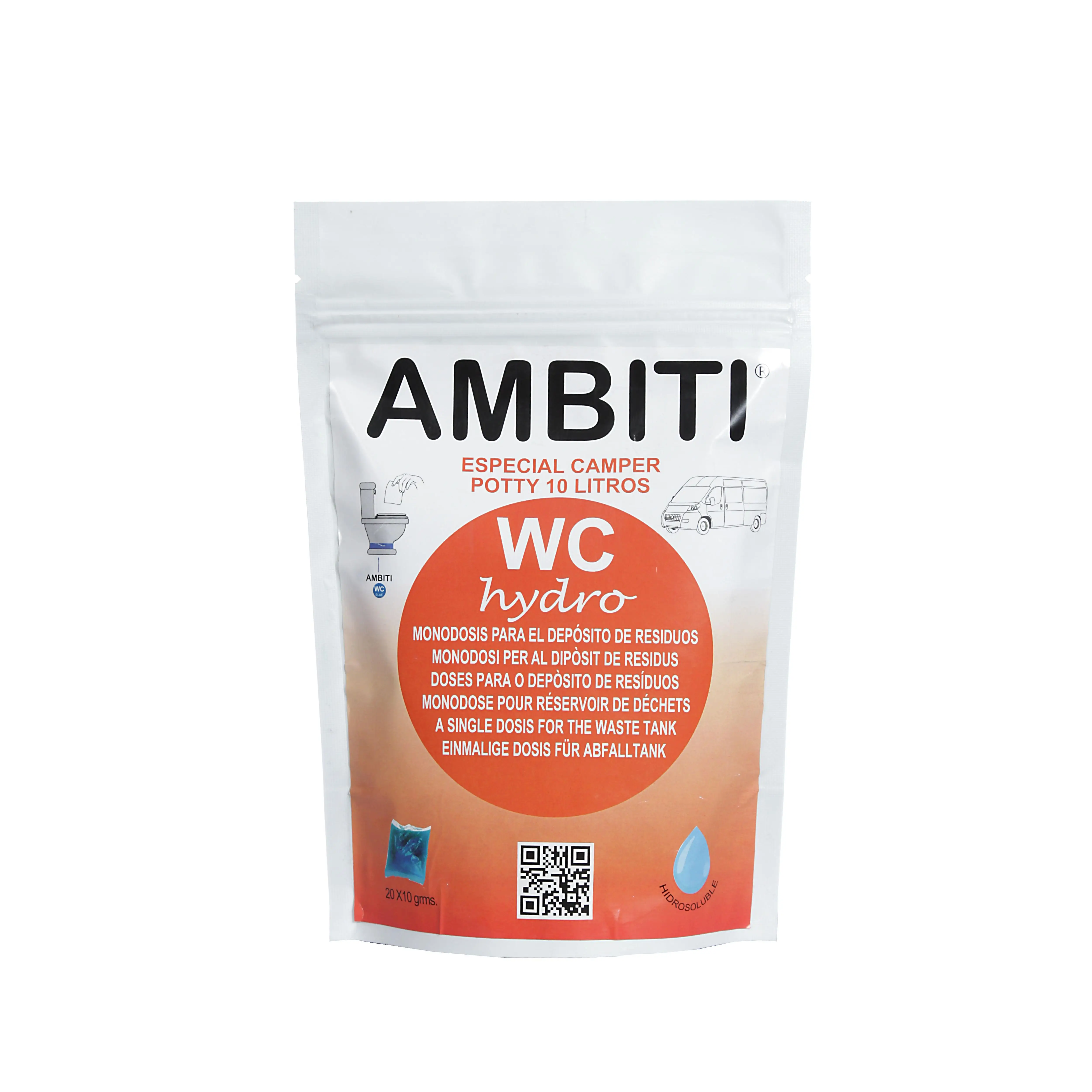 Ambiti Hydro Camper single-dose water soluble for portable toilets decomposition and waste removal fragrance Piña Colada 20 doses of 10g keep your Camper fresh and free of unpleasant odors with this Biodegradable additive