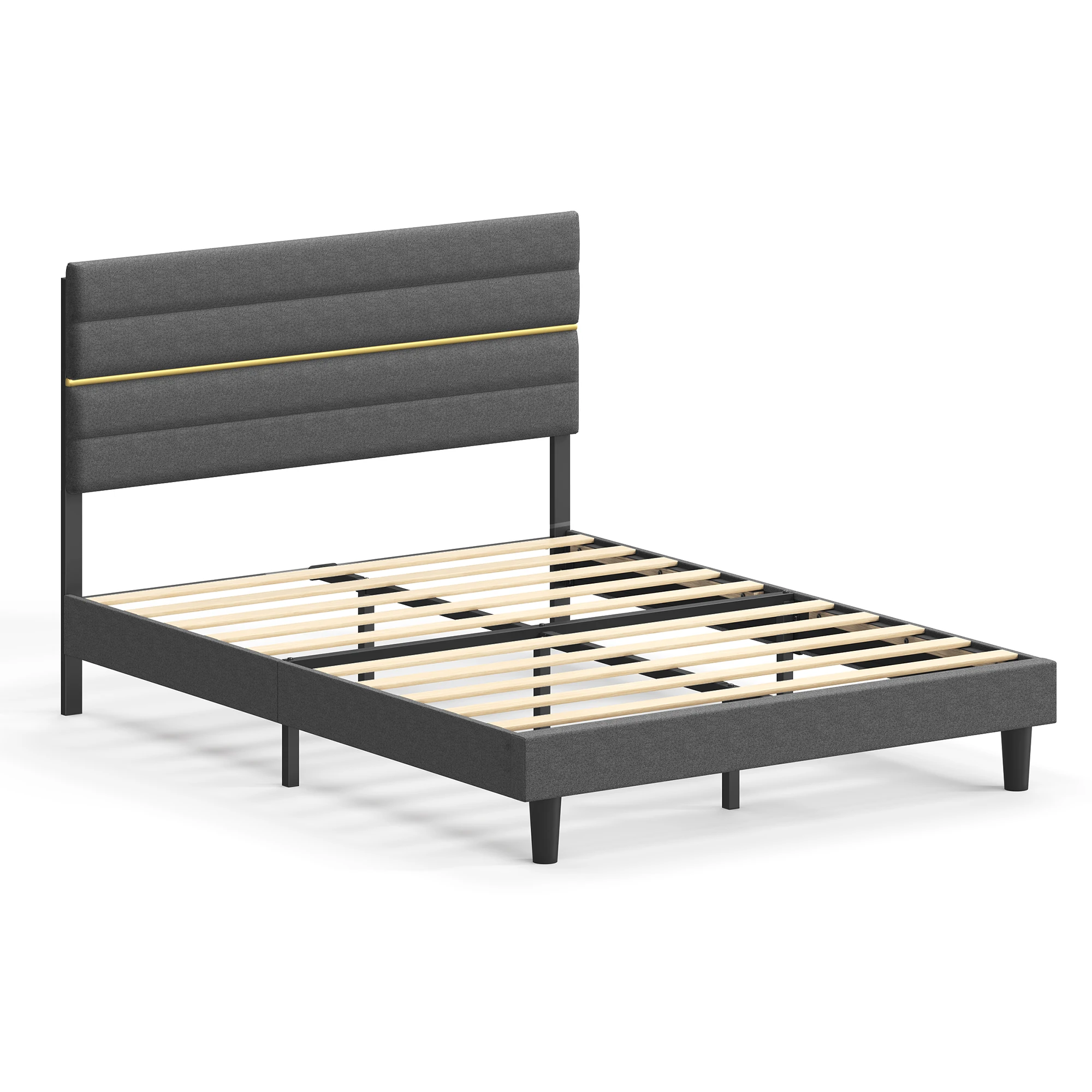 VASAGLE Marco de Cama Matrimonial, Marco para Colchón de 140 x 200 cm, Cabecero Acolchado Ajustable, Metal y Madera, Estilo Moderno, Gris Pizarra