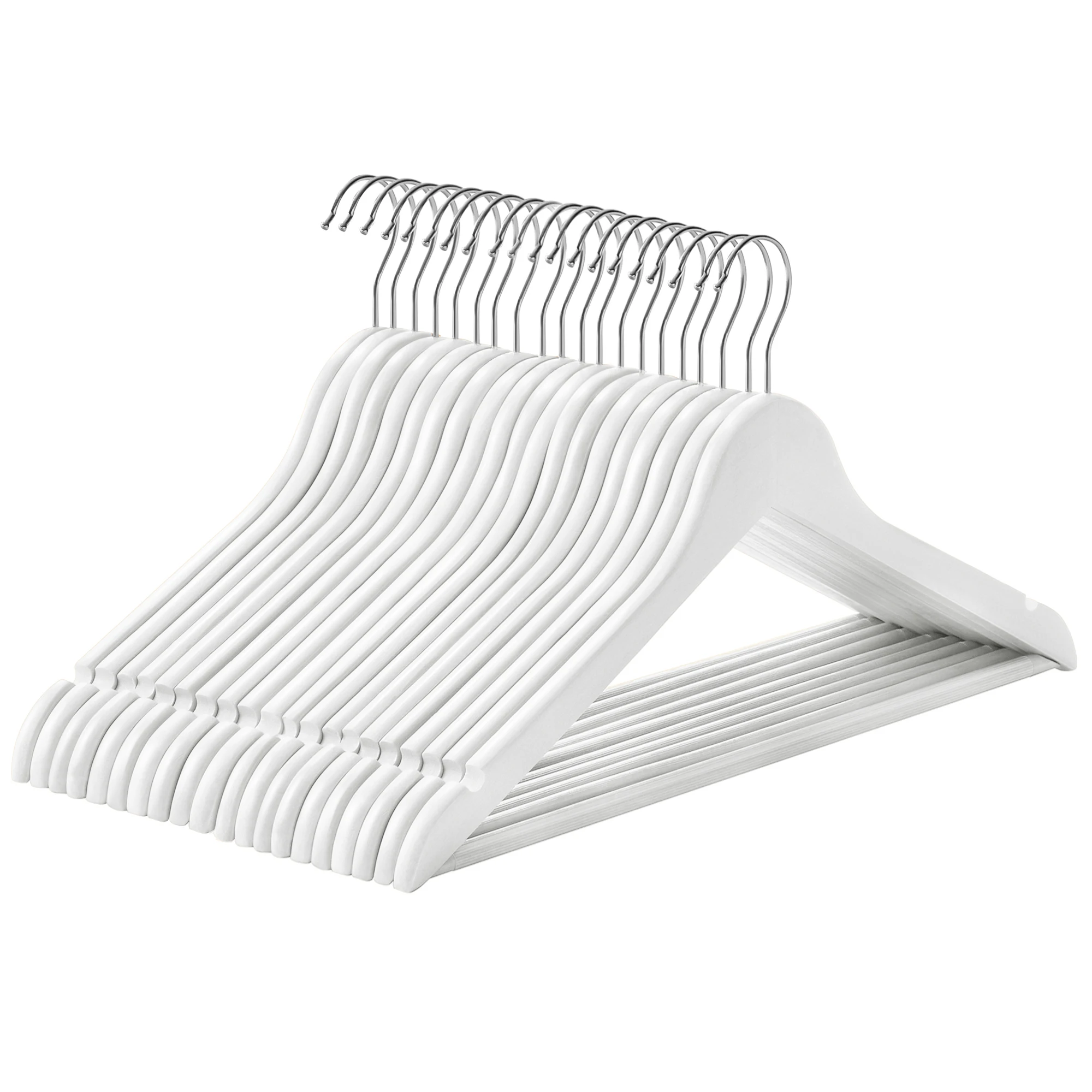 SONGMICS Percha de Madera Maciza, Juego de 10, con Ranuras para Hombros, Barra Antideslizante para Pantalones, Gancho Giratorio de 360°, para Trajes, Camisas, Abrigos, Blanco/Natural/Negro/Nogal