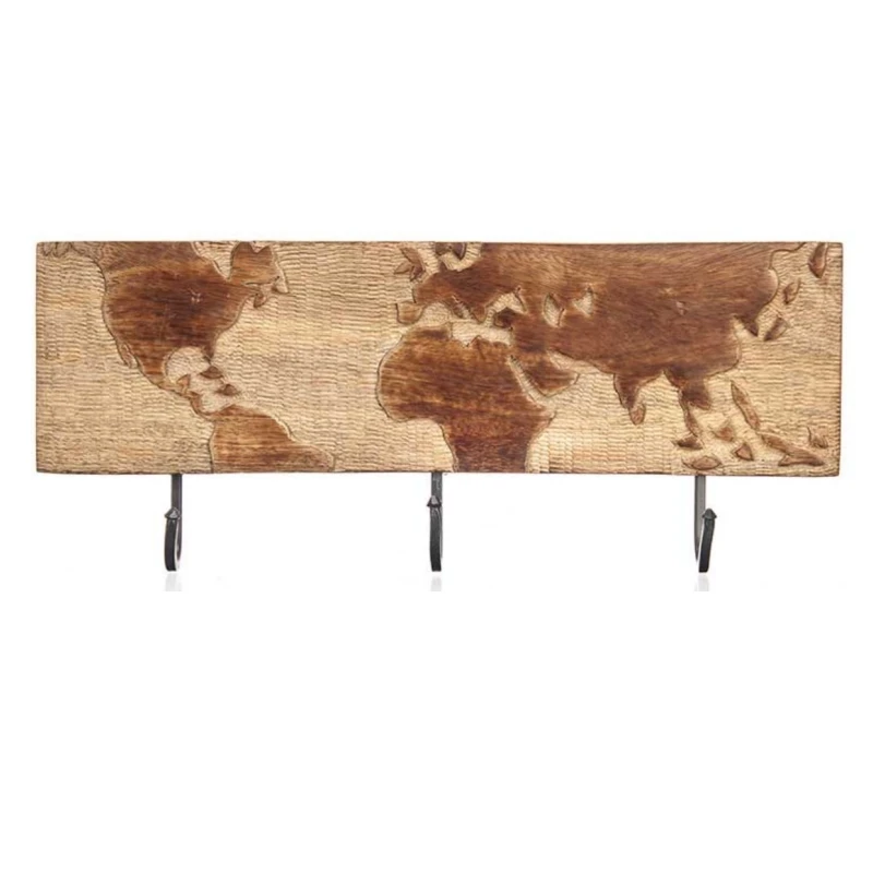 ARISE SHOP-Percha 3 pomos madera mapa mundi,Perchero de Pared Madera con 3 ganchos,5 x 38 x 16 cm.