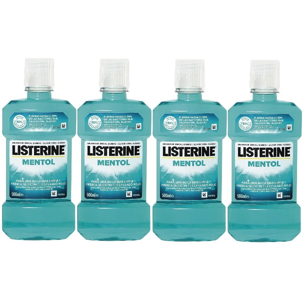 Listerine Enjuague Bucal Mentol 500ml, Pack Ahorro 4x500ml, Colutorio Con Fluor, Ofrece 24 Horas De Proteccion, Elixir bucal Mentolado Para un Aliento Fresco y Duradero