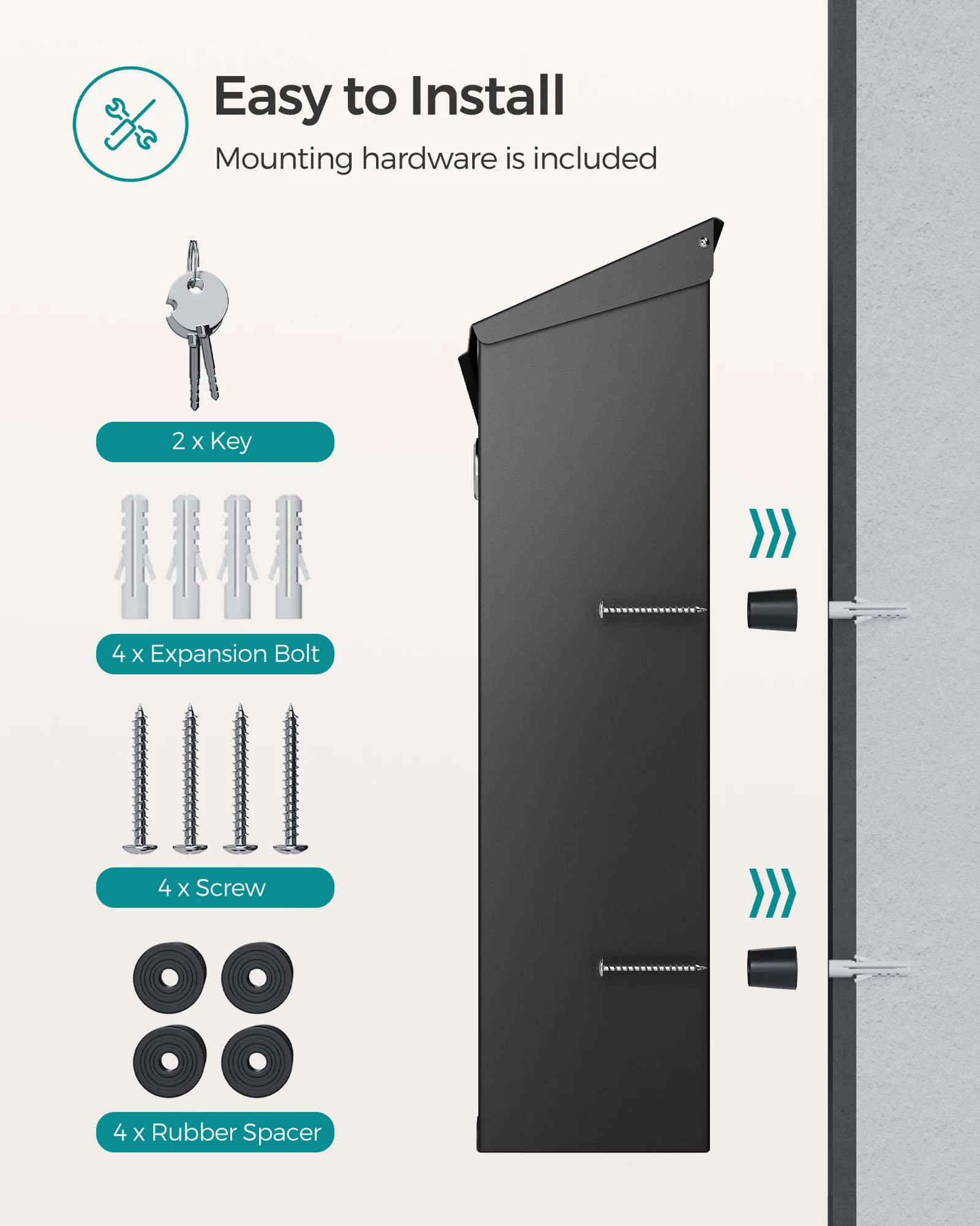 Songmics - modern wall mailbox, with viewing windows, identification plate, lock with copper core, easy to install, black