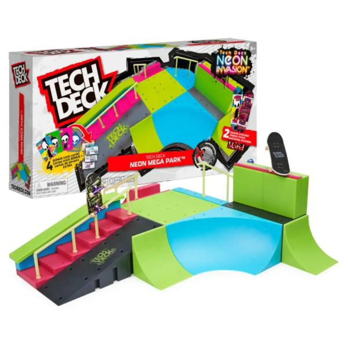 SPIN MASTER - TECH DECK - NEON SKATE PARK DEDOS - Neon Mega Park X-Connect Creator - Juego de Rampas de Skate Personalizable que Brilla en la Oscuridad con 2 Fingerboards - 6063752 - Juguetes Niños +6
