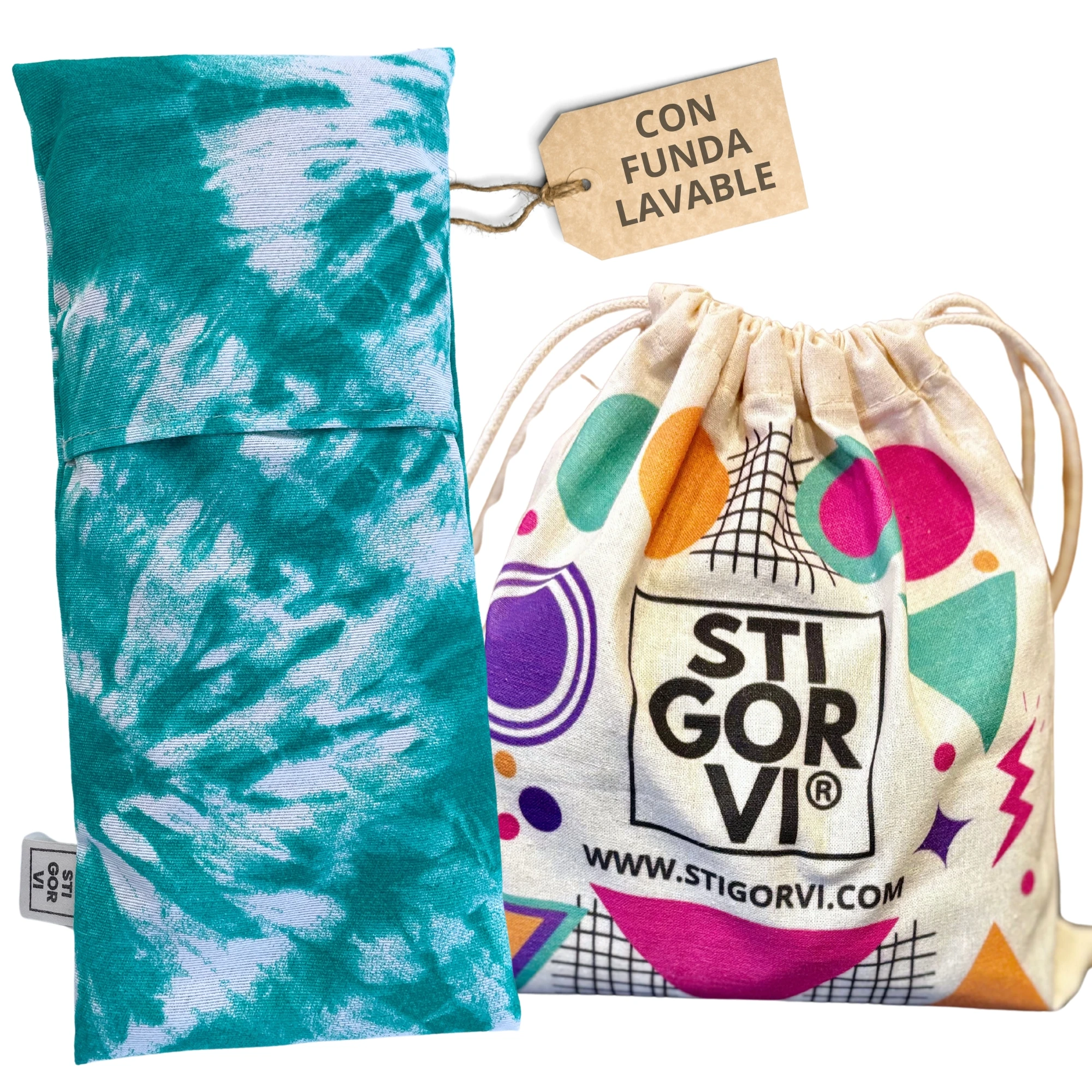 STIGORVI - Saco térmico de semillas para microondas y congelador. Cojín terapéutico para calor y frío (13x31cm) Alivia dolor muscular, cervical, lumbar y cólicos. Hecho a mano en España con huesos de aceituna y lavanda. Incluye funda y bolsa de regalo ECO