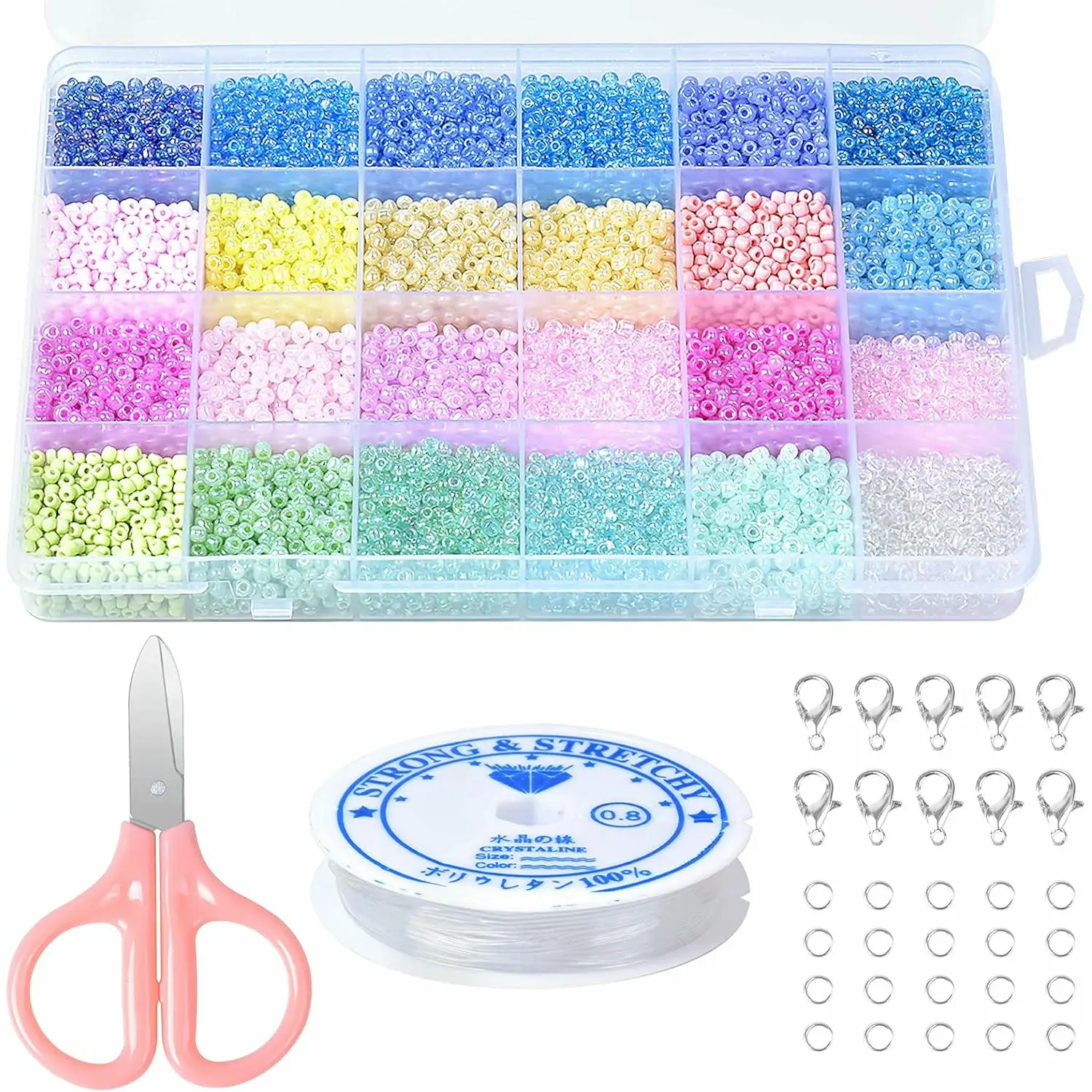 14400pcs Cuentas de Cristal Colores, 3mm Abalorios de Vidrio, Abalorios de Cristal, Abalorios Para Hacer Pulseras, Kit de Cuentas con Cordón Elástico y Otros Accesorios para DIY Pulseras Bisutería