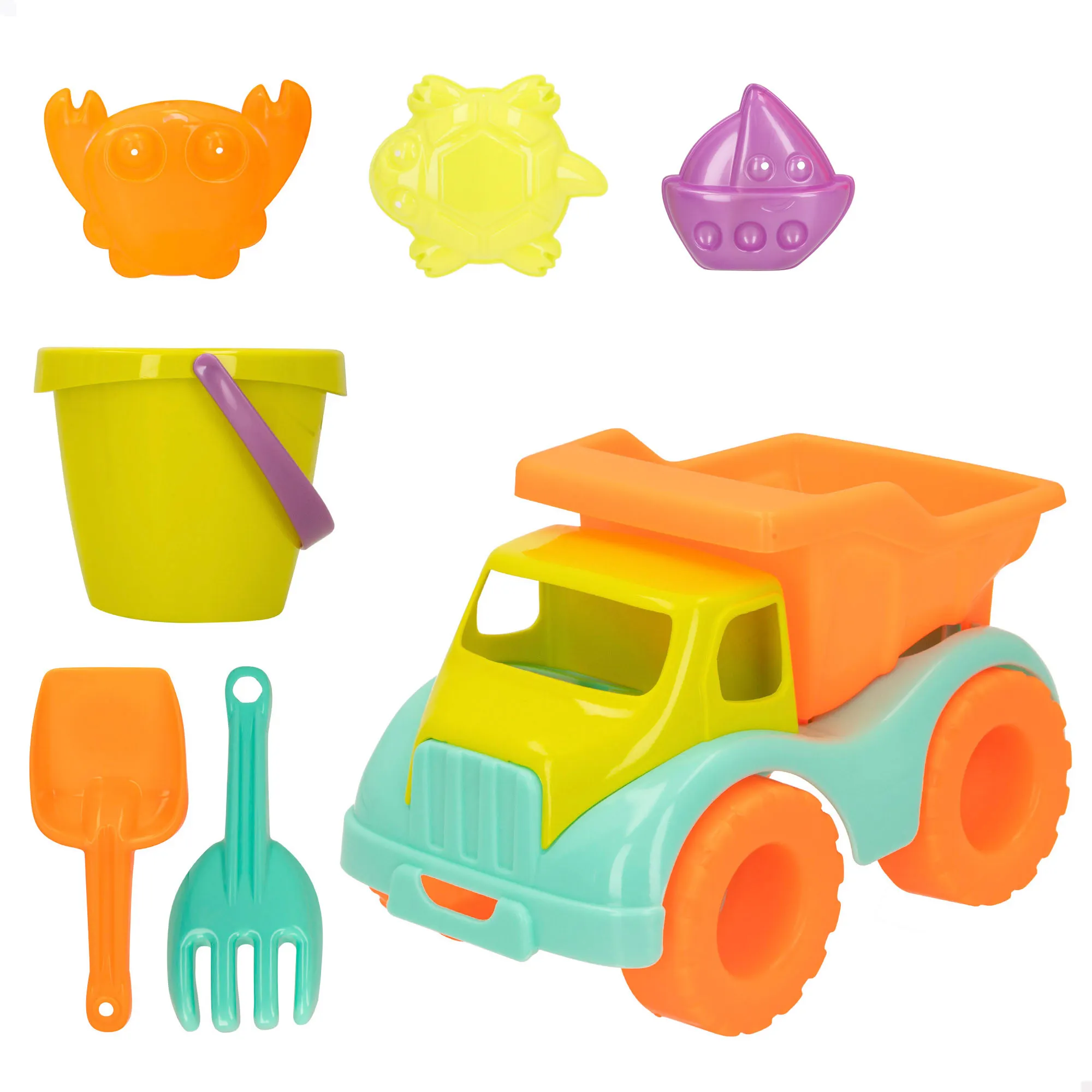 COLORBABY Color Beach - Set de playa infantil con camión volquete 30 cm, pala, rastrillo, cubo y moldes, juguete de arena para niños a partir de +18 meses, juegos para verano, juguetes para la arena