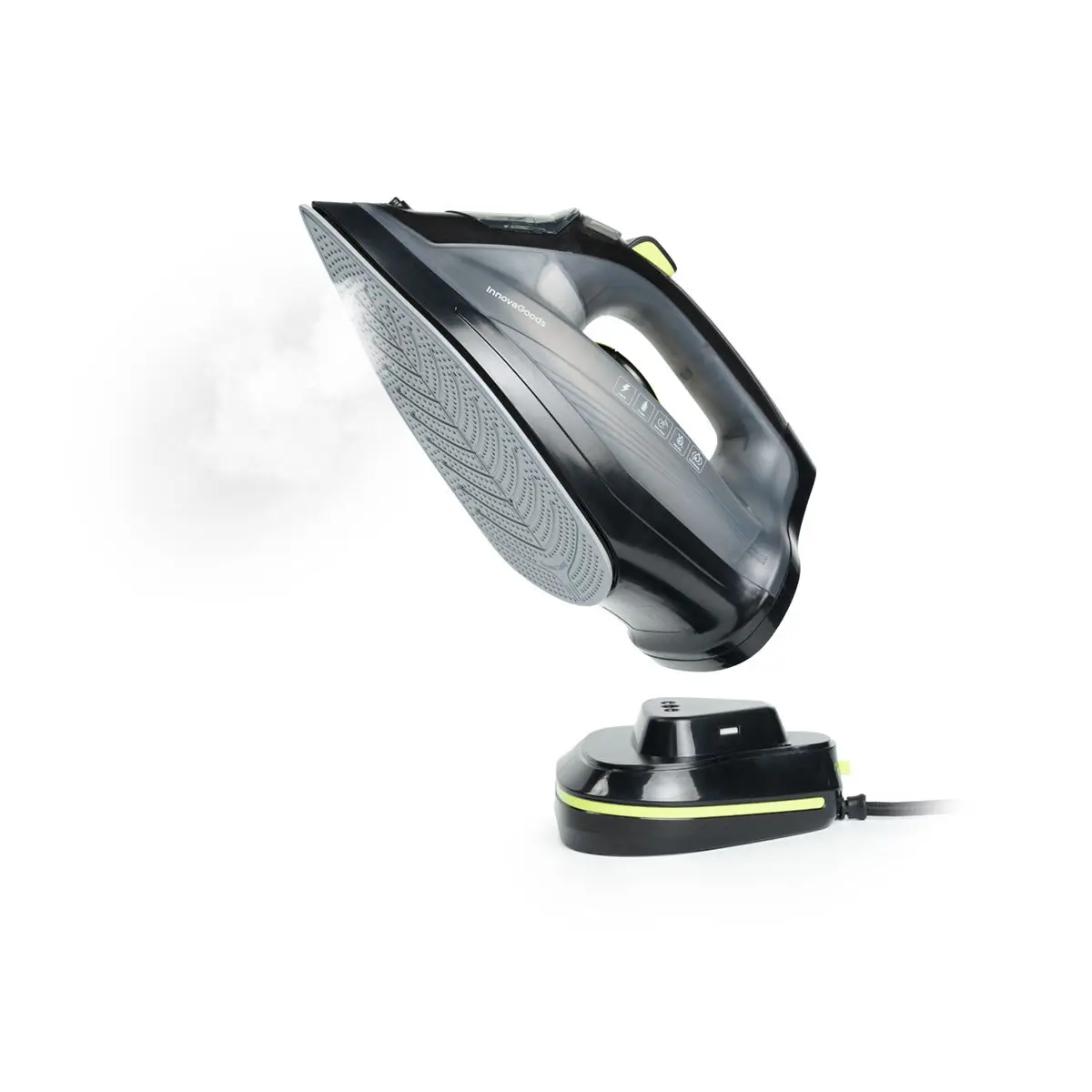 Innovagoods clothes iron, 2400w steam iron, double horizontal/vertical orientation, without cables, includes charging base, ironing center for all types of fabrics. Green black